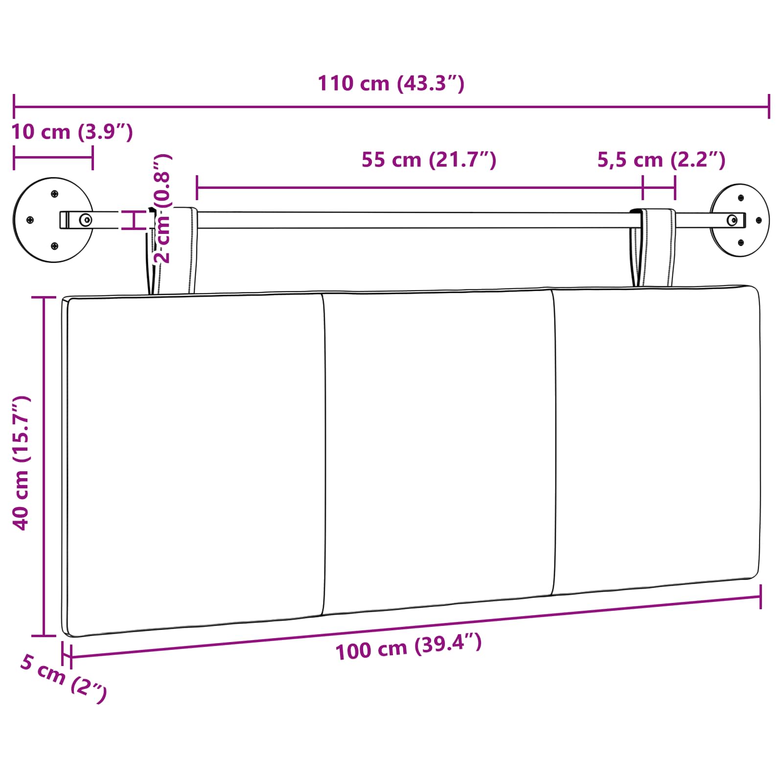 Tête de lit suspendue Montage mural Rose 110 x 55 x 5 cm tissu - XIOS