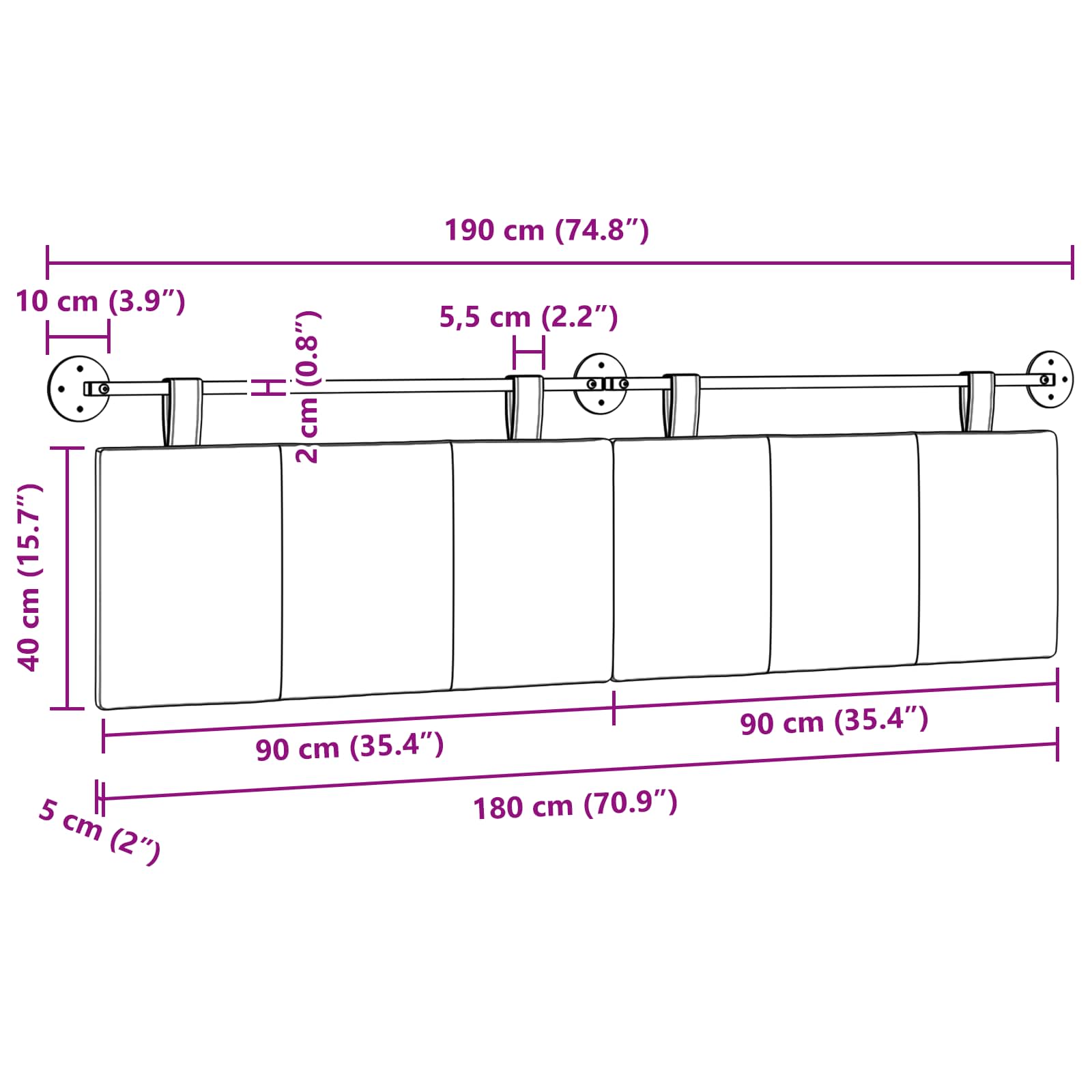 Tête de lit suspendue Rayé Bordeaux 190 x 55 x 5 cm tissu - XIOS