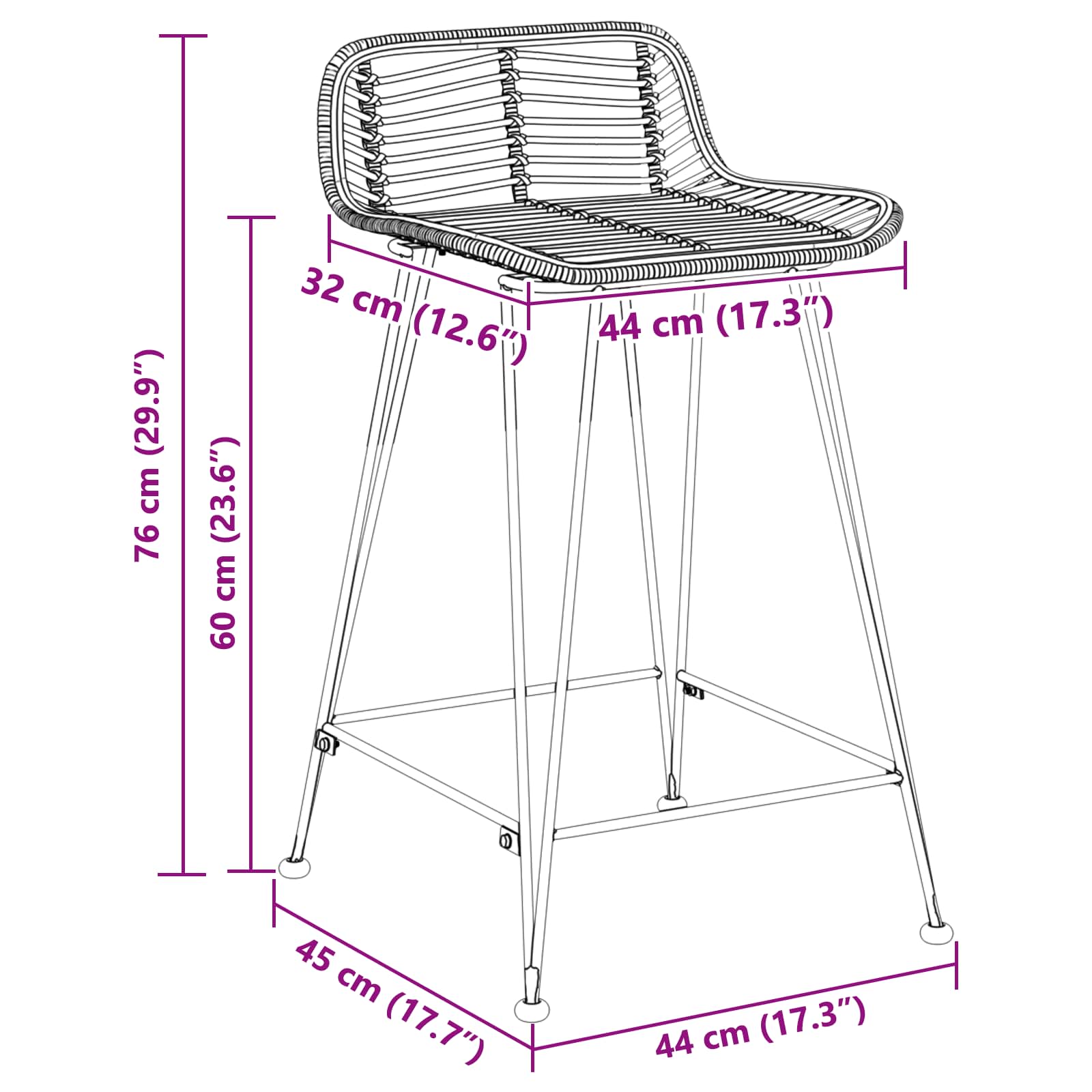 Tabouret de bar 2 pcs Naturel 44 x 45 x 76 cm Rattan et Acier - XIOS