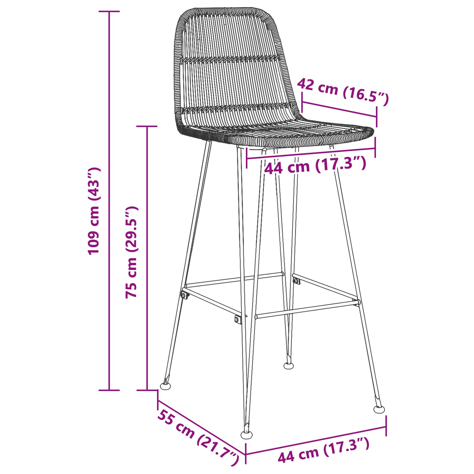 Tabouret de bar 2 pcs Naturel 44 x 55 x 109 cm Rattan et Acier - XIOS