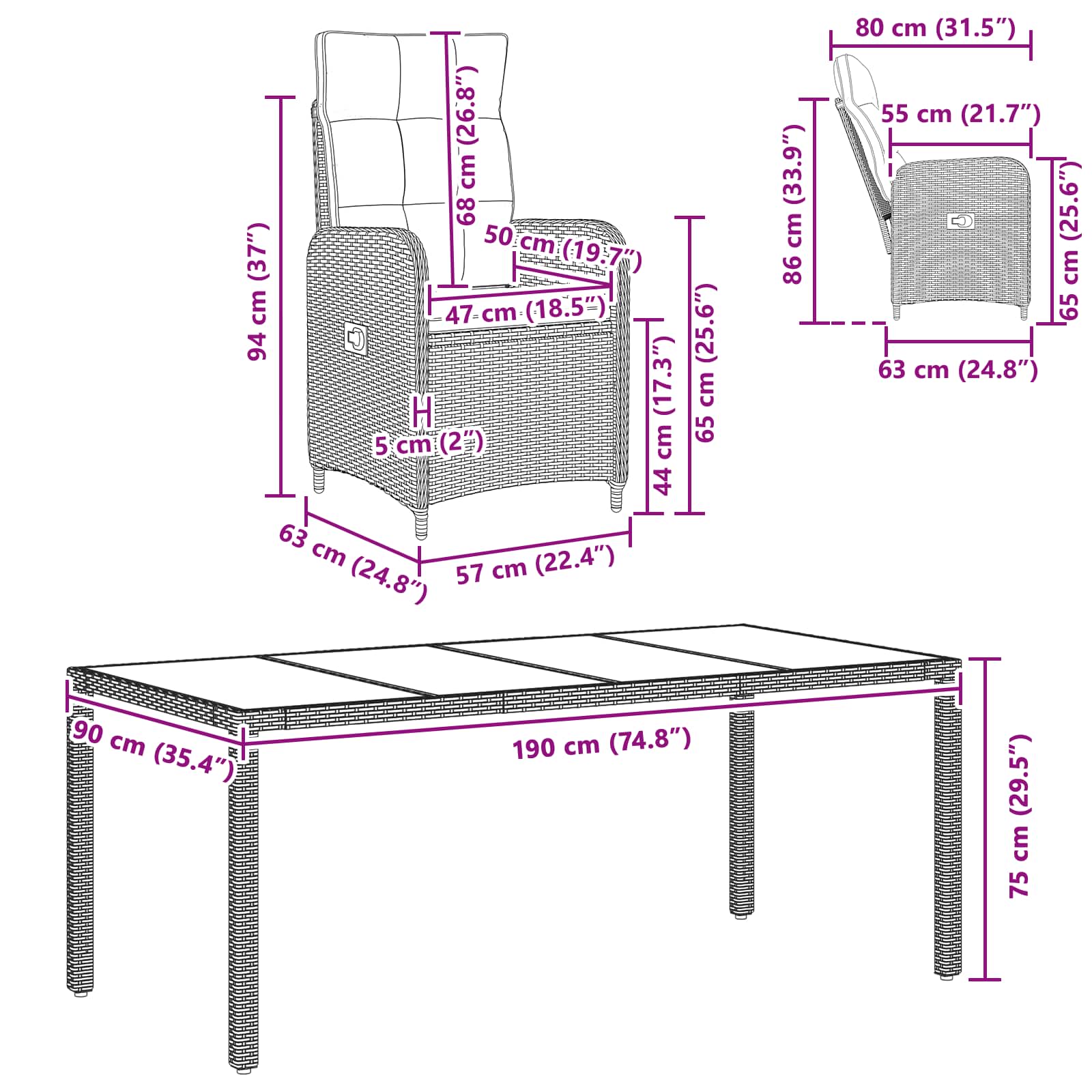 Ensemble de repas extérieur 9 pcs Noir 190 x 90 x 75 cm - XIOS
