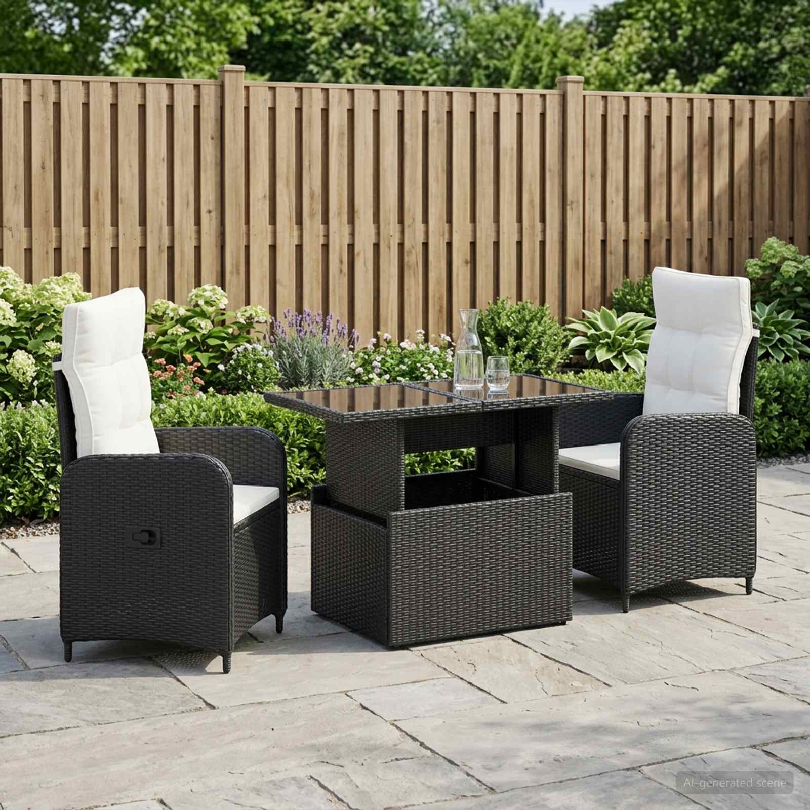 Ensemble de repas extérieur 3 pcs Noir et blanc crème polyrotin