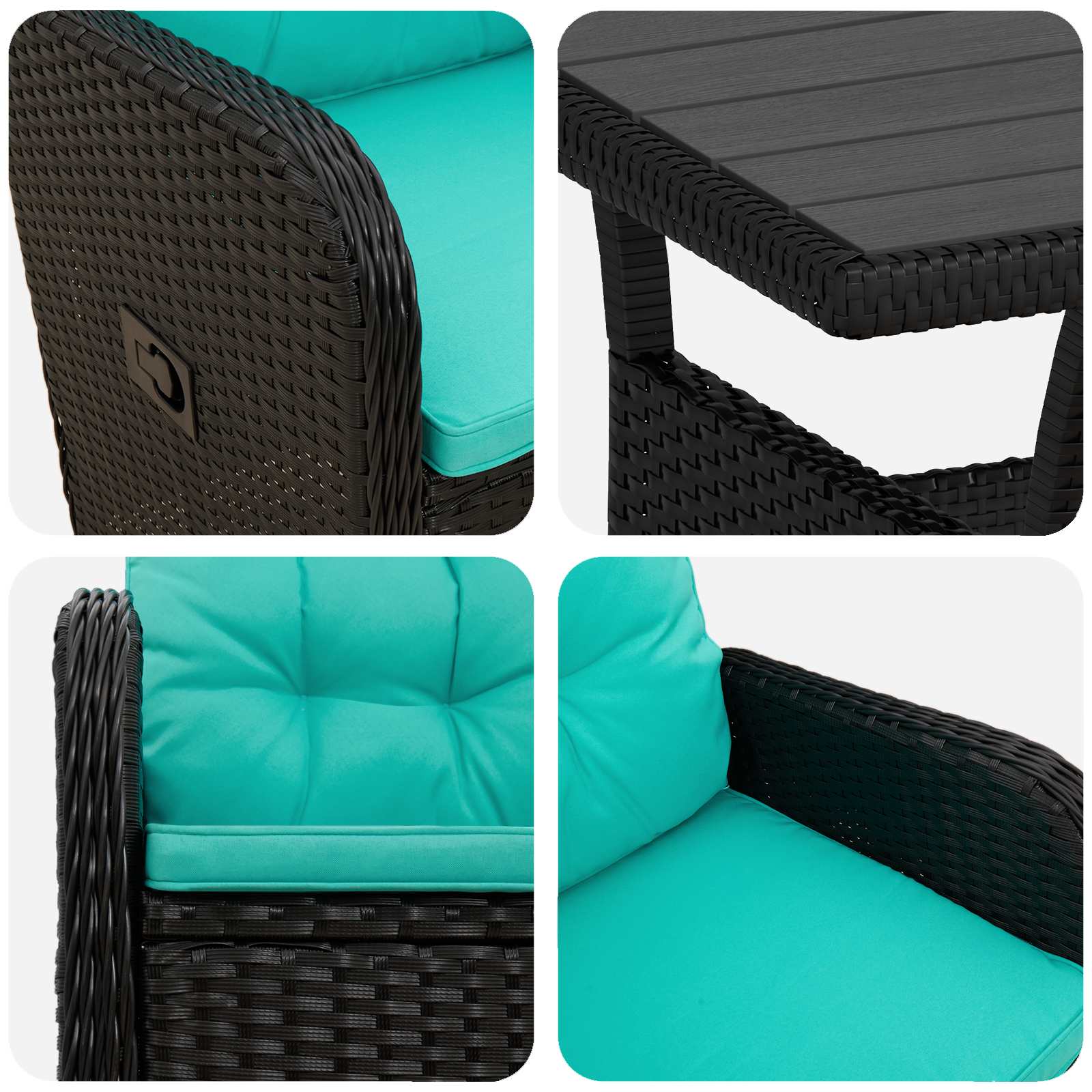 Ensemble de repas extérieur 3 pcs Noir et turquoise polyrotin