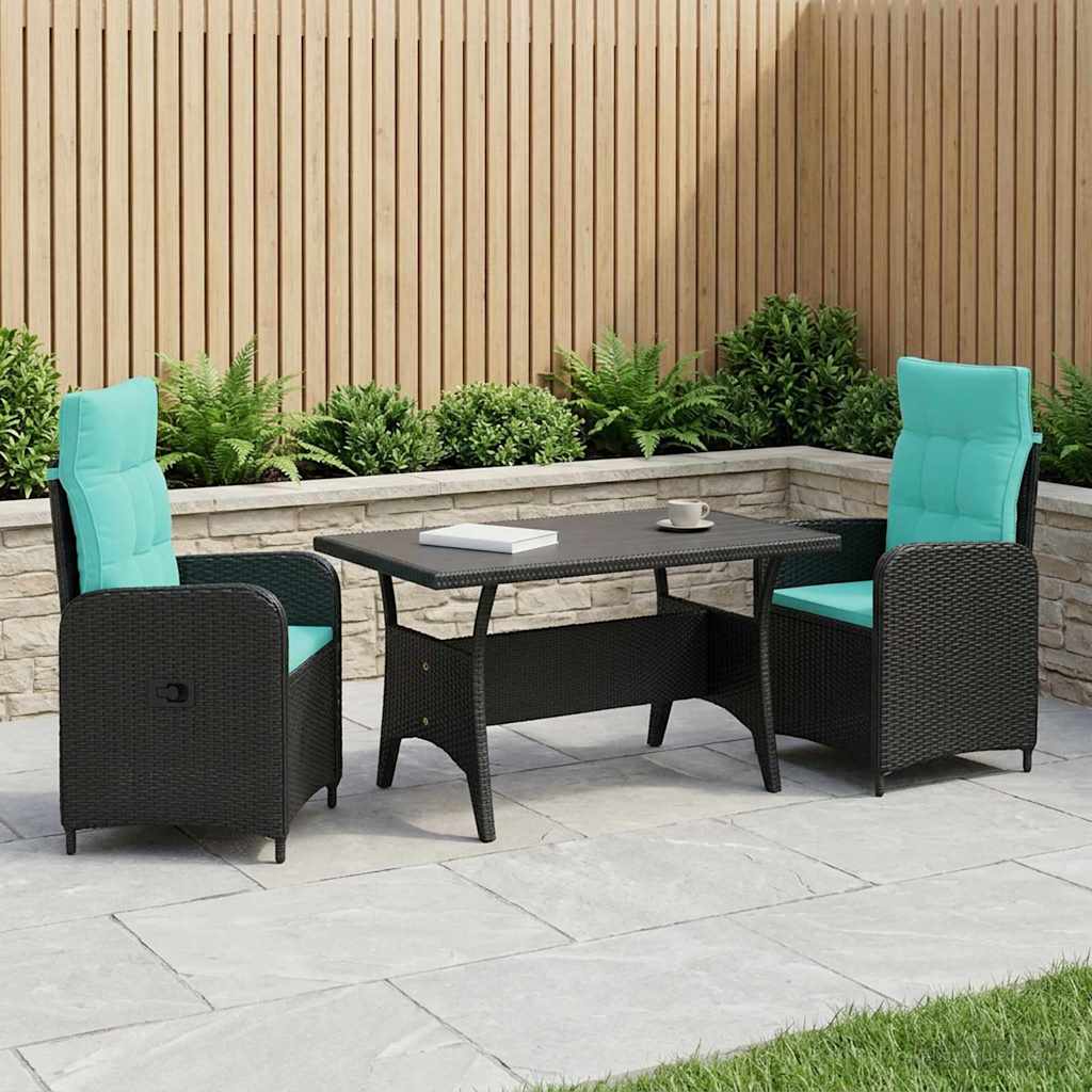 Ensemble de repas extérieur 3 pcs Noir et turquoise polyrotin
