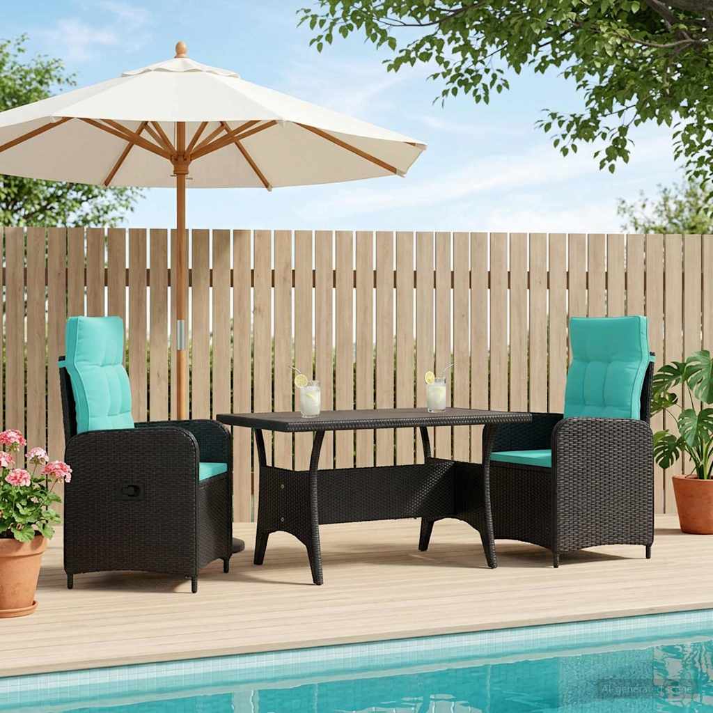 Ensemble de repas extérieur 3 pcs Noir et turquoise polyrotin