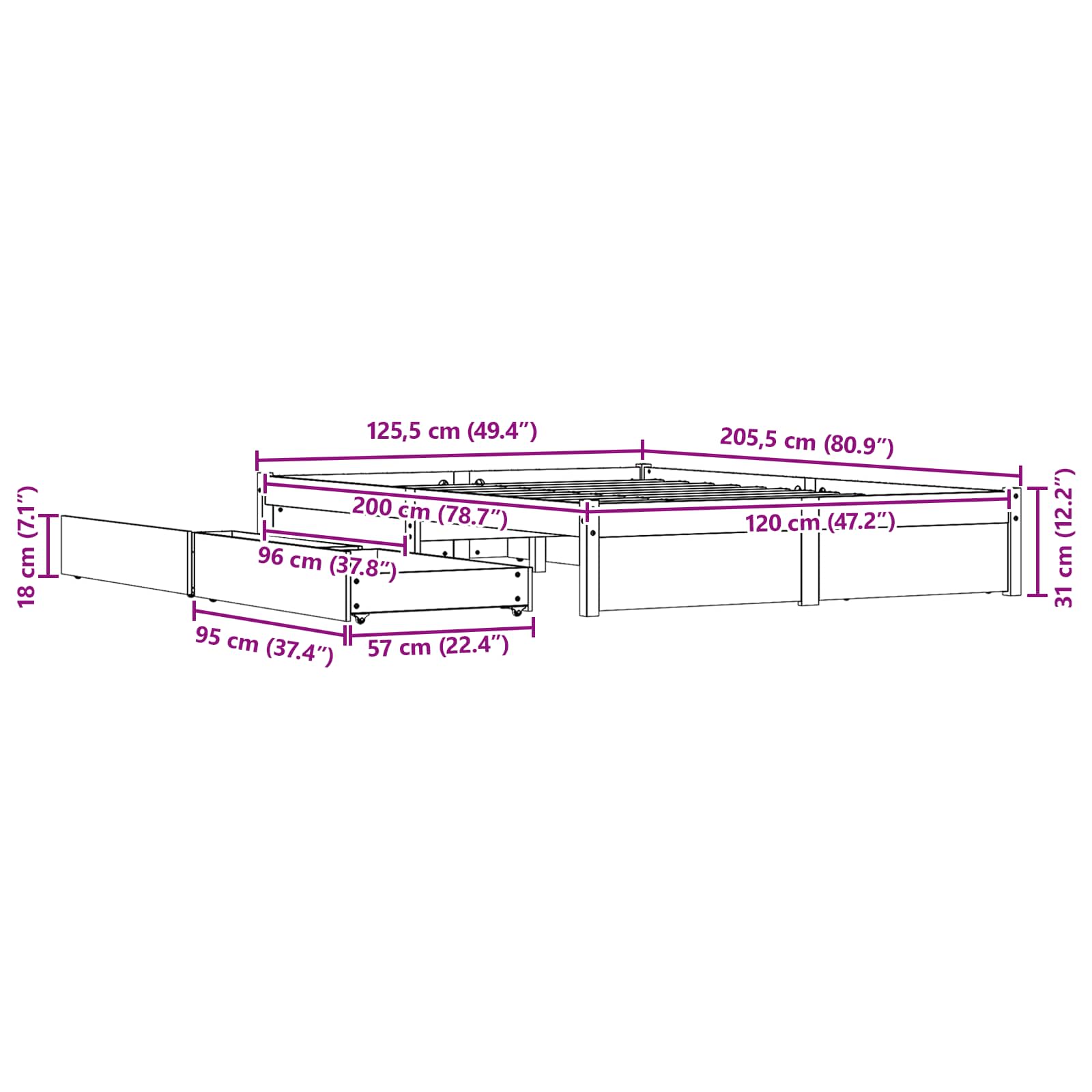 Cadre de lit Cire marron 120 x 200 cm Bois de Pin Massif - XIOS