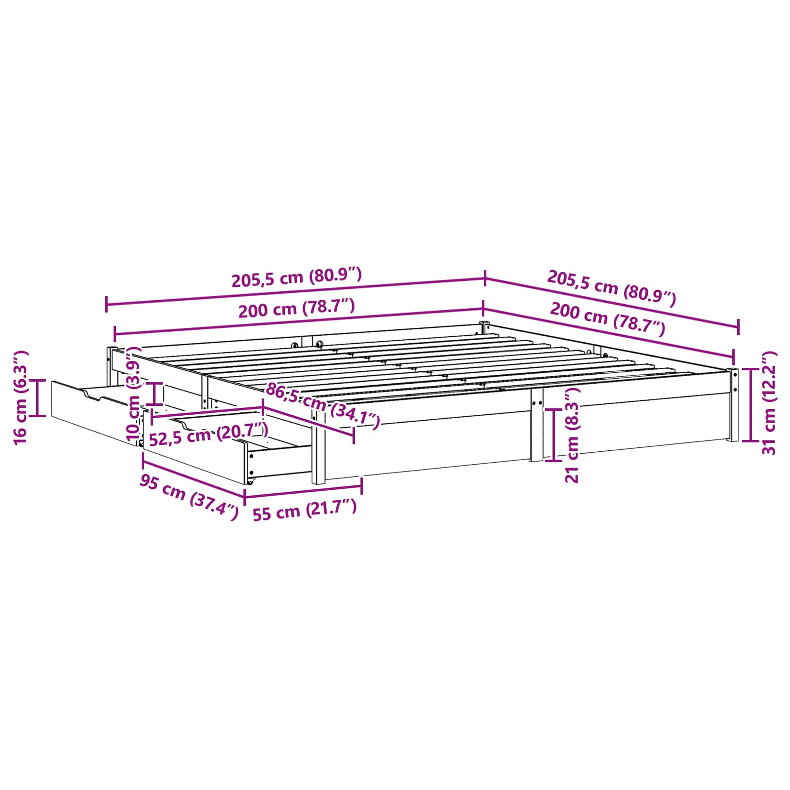 Cadre de lit Cire marron 200 x 200 cm Bois de Pin Massif - XIOS