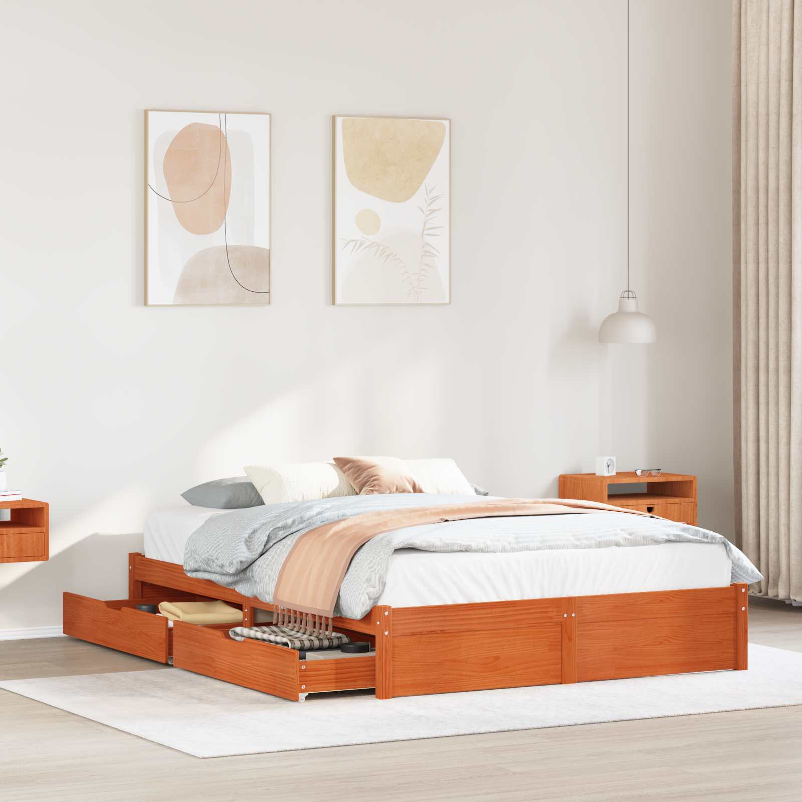 Cadre de lit avec tiroir 3 pcs Cire marron Bois de Pin Massif - XIOS