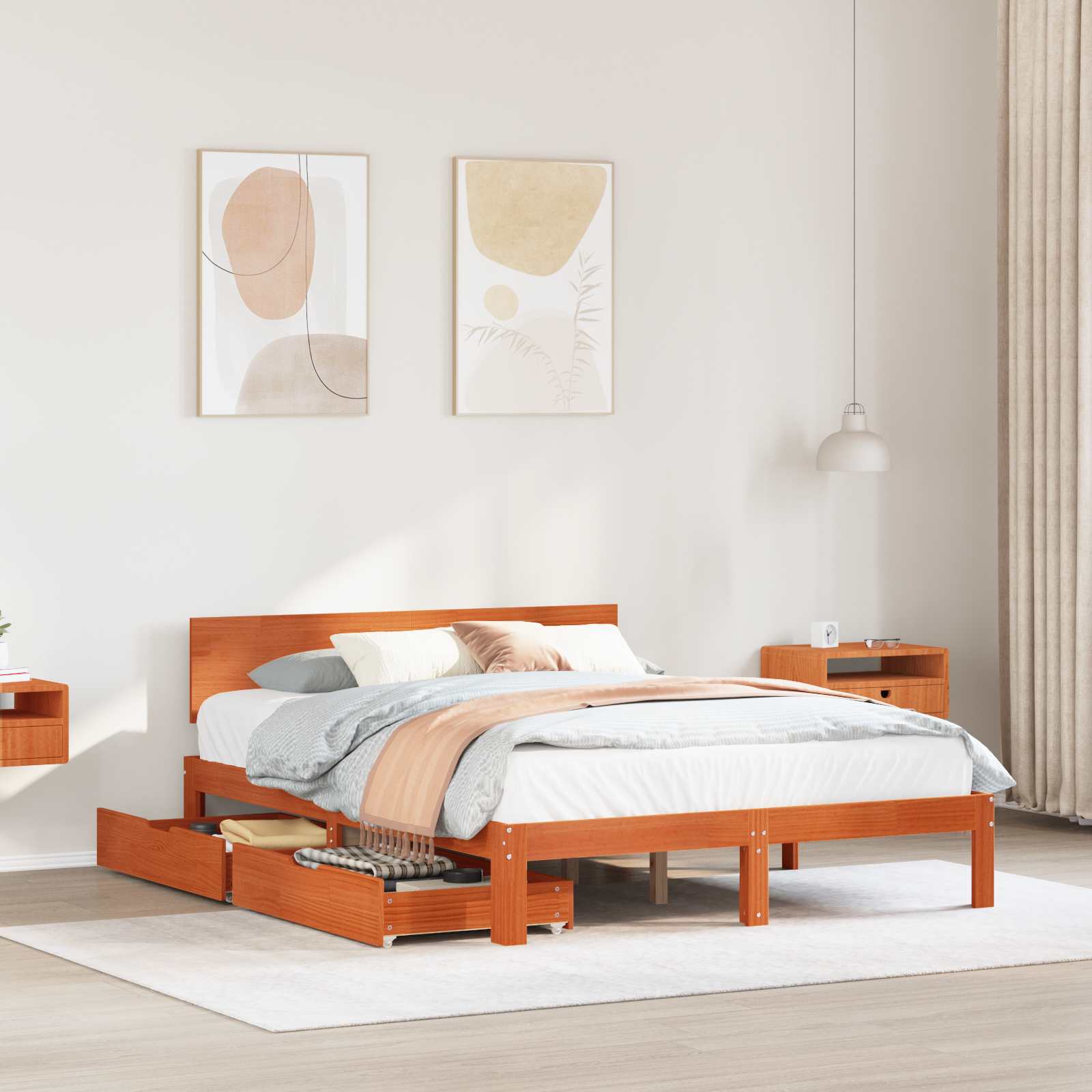 Cadre de lit avec tiroir 3 pcs Cire marron Bois de Pin Massif - XIOS