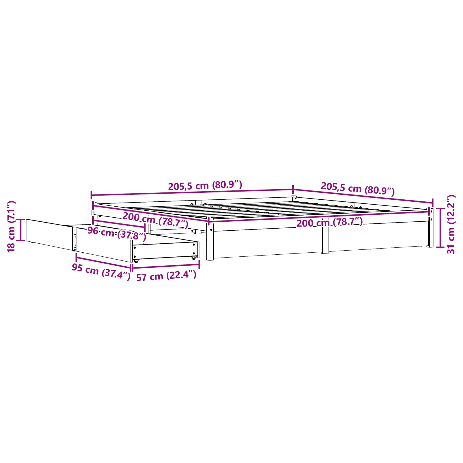 Cadre de lit Cire marron 200 x 200 cm Bois de Pin Massif - XIOS