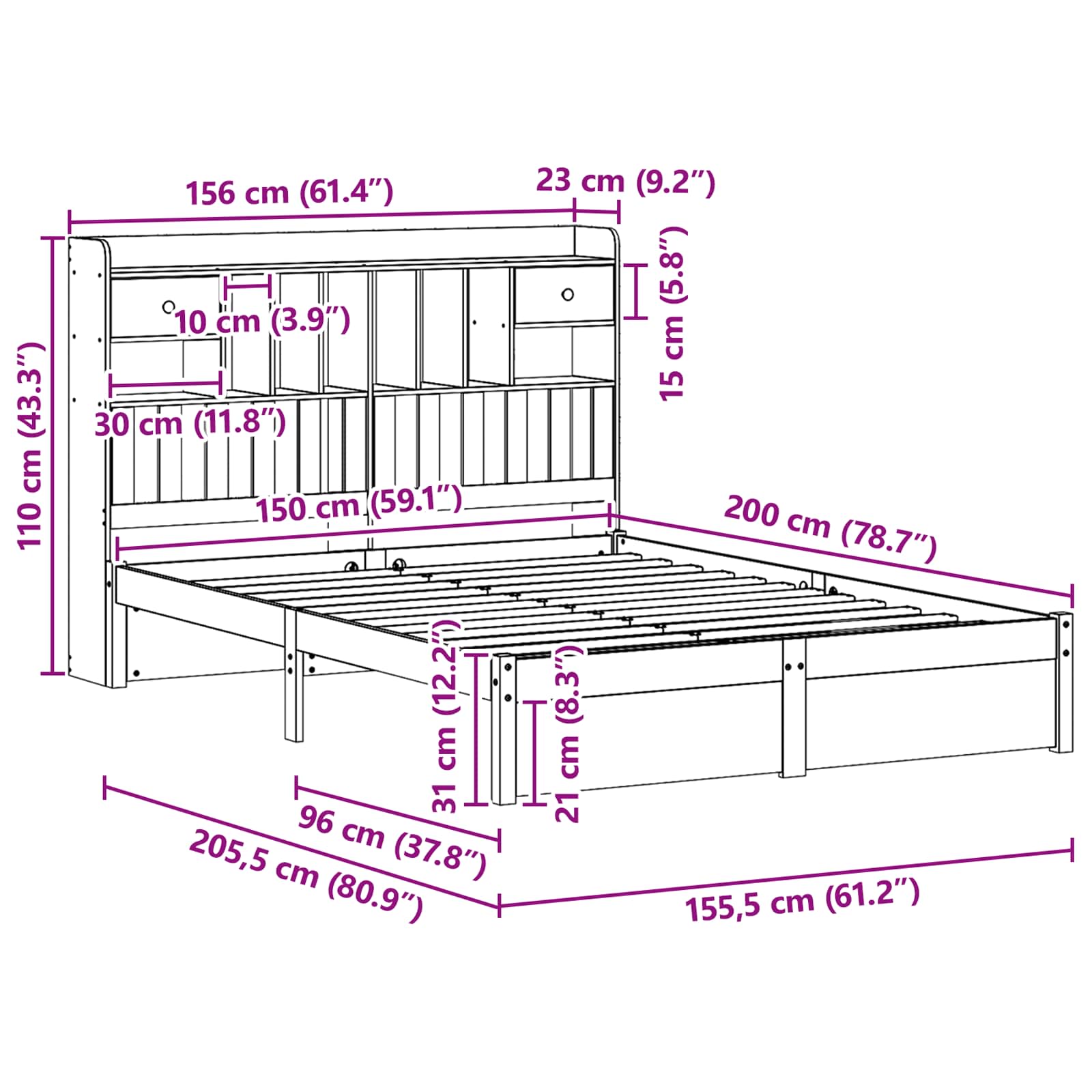 Cadre de lit bibliothèque avec tiroir Cire marron 200 x 150 cm - XIOS