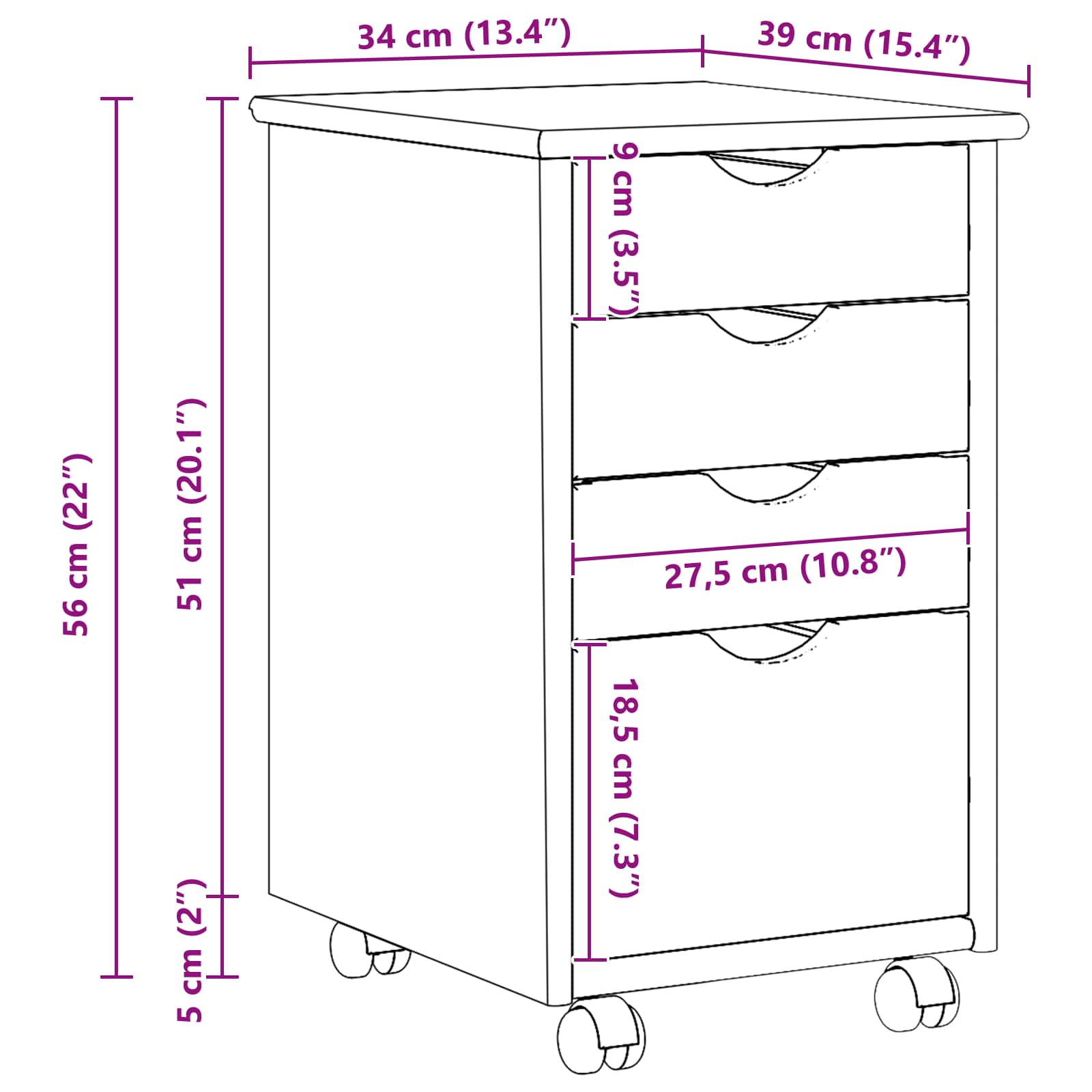 Cabinet roulant avec roue Marron 34 x 39 x 56 cm Pin massif - XIOS