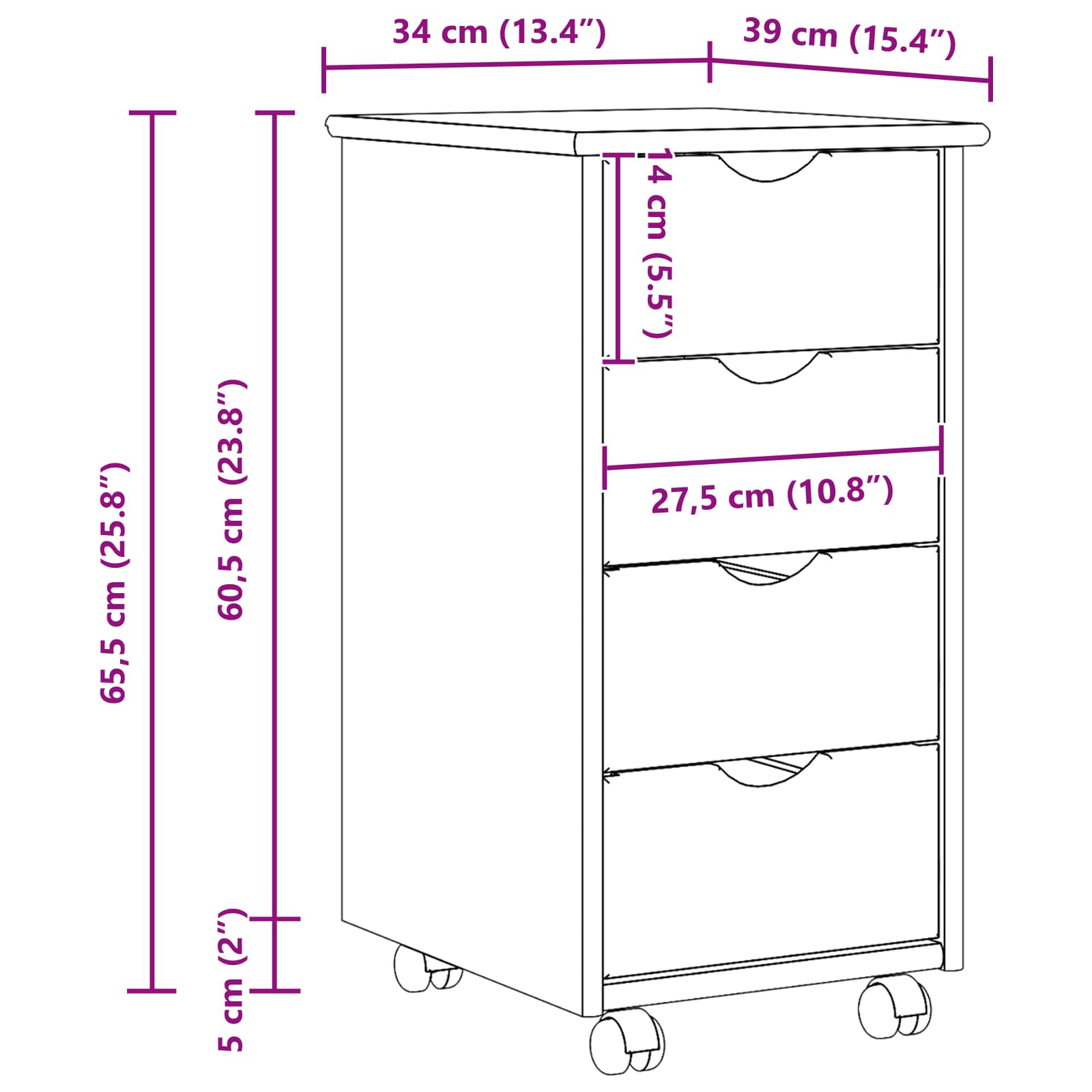 Cabinet roulant Marron 65,5 x 34 x 39 cm Bois de Pin Massif - XIOS