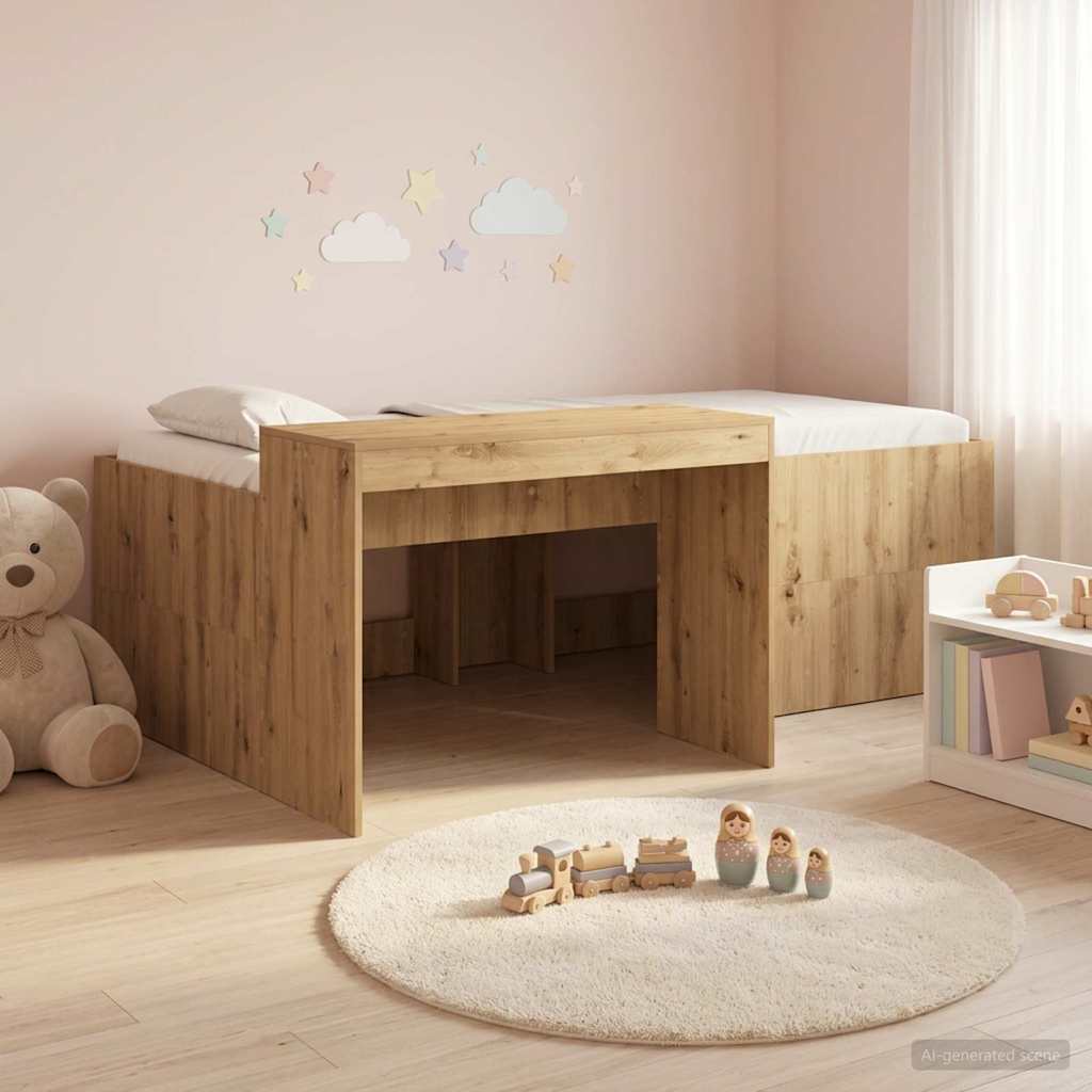 Lit haut pour enfants avec bureau Chêne artisanal 90 x 200 cm - XIOS