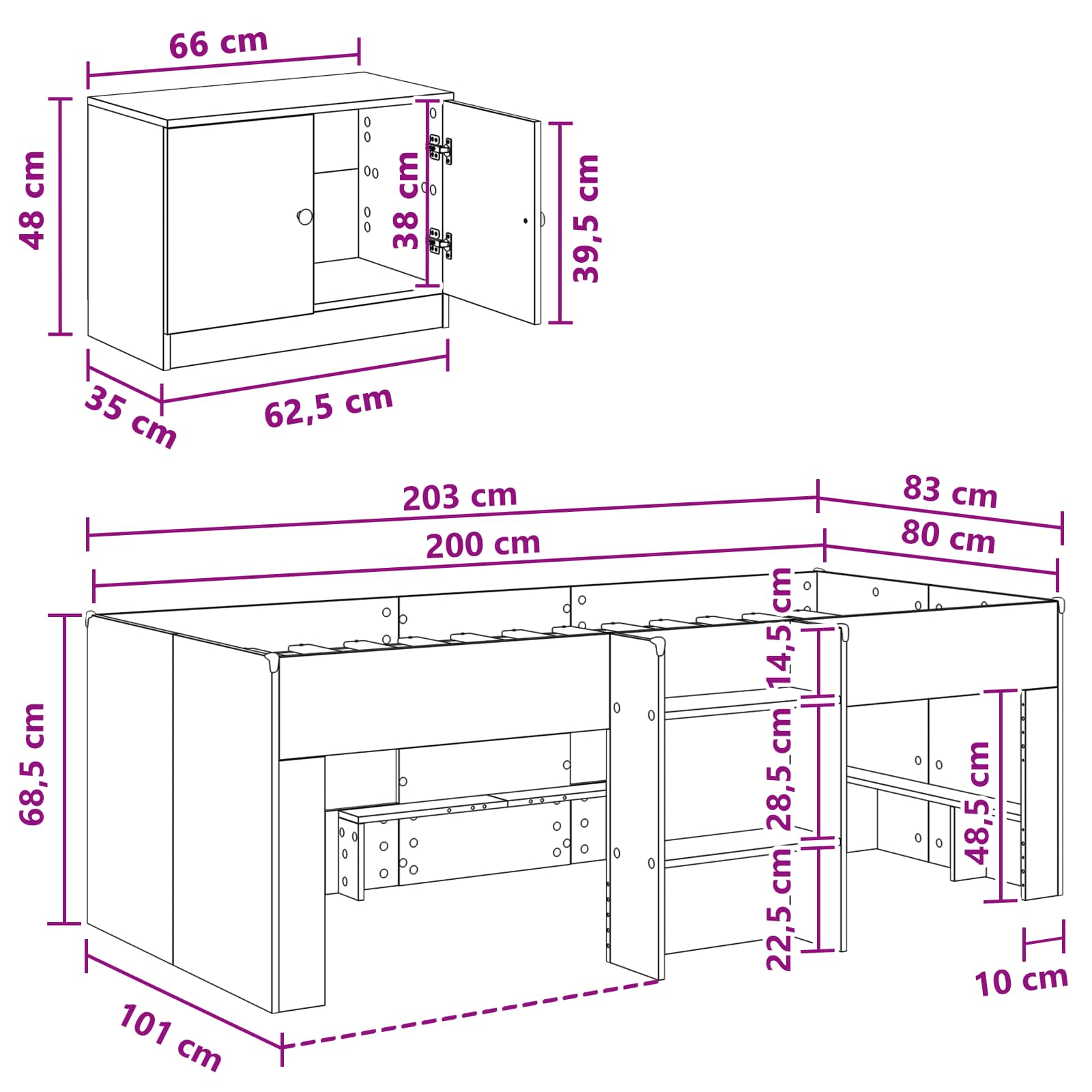 Cadre de lit en loft avec armoire avec stockage 3 pc Gris béton - XIOS