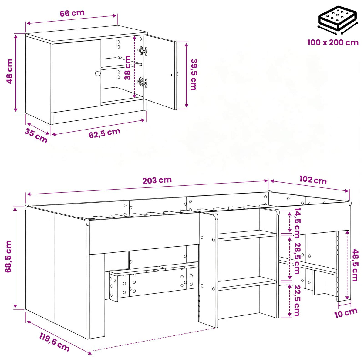Cadre de lit en loft avec armoire 3 pc Noir Bois d'ingénierie