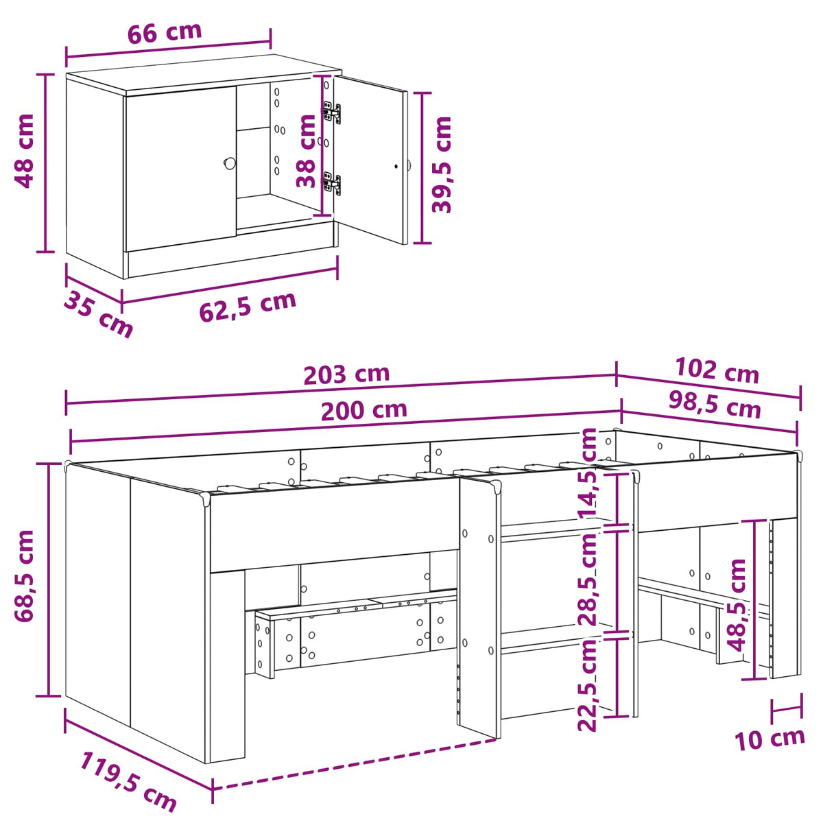 Cadre de lit en loft avec armoire avec stockage 3 pc Chêne fumé - XIOS
