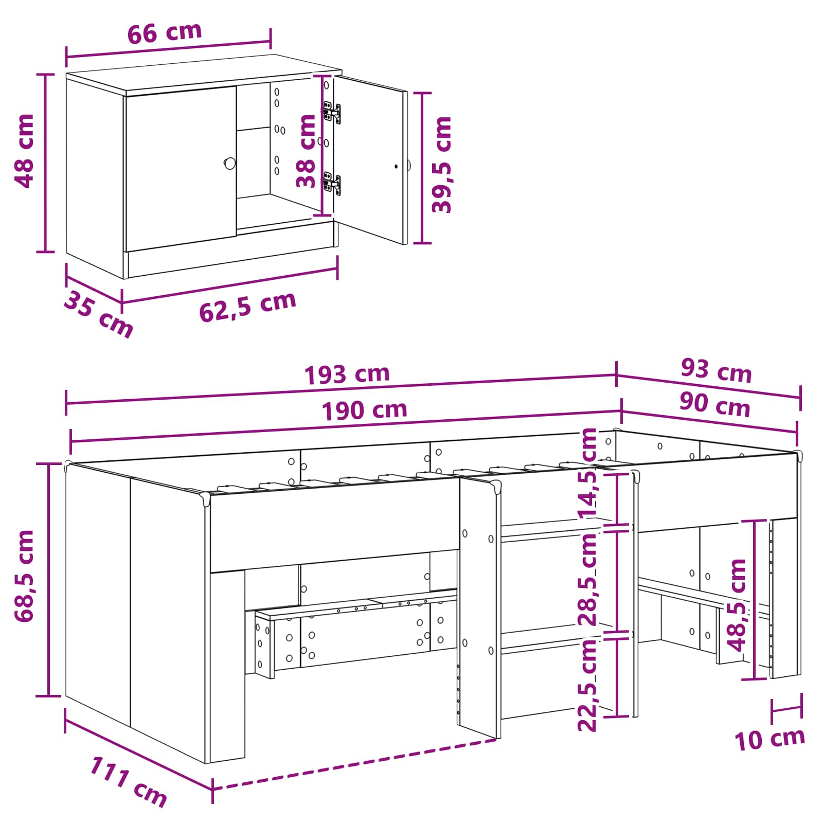 Cadre de lit en loft avec armoire avec stockage 3 pc Gris béton - XIOS
