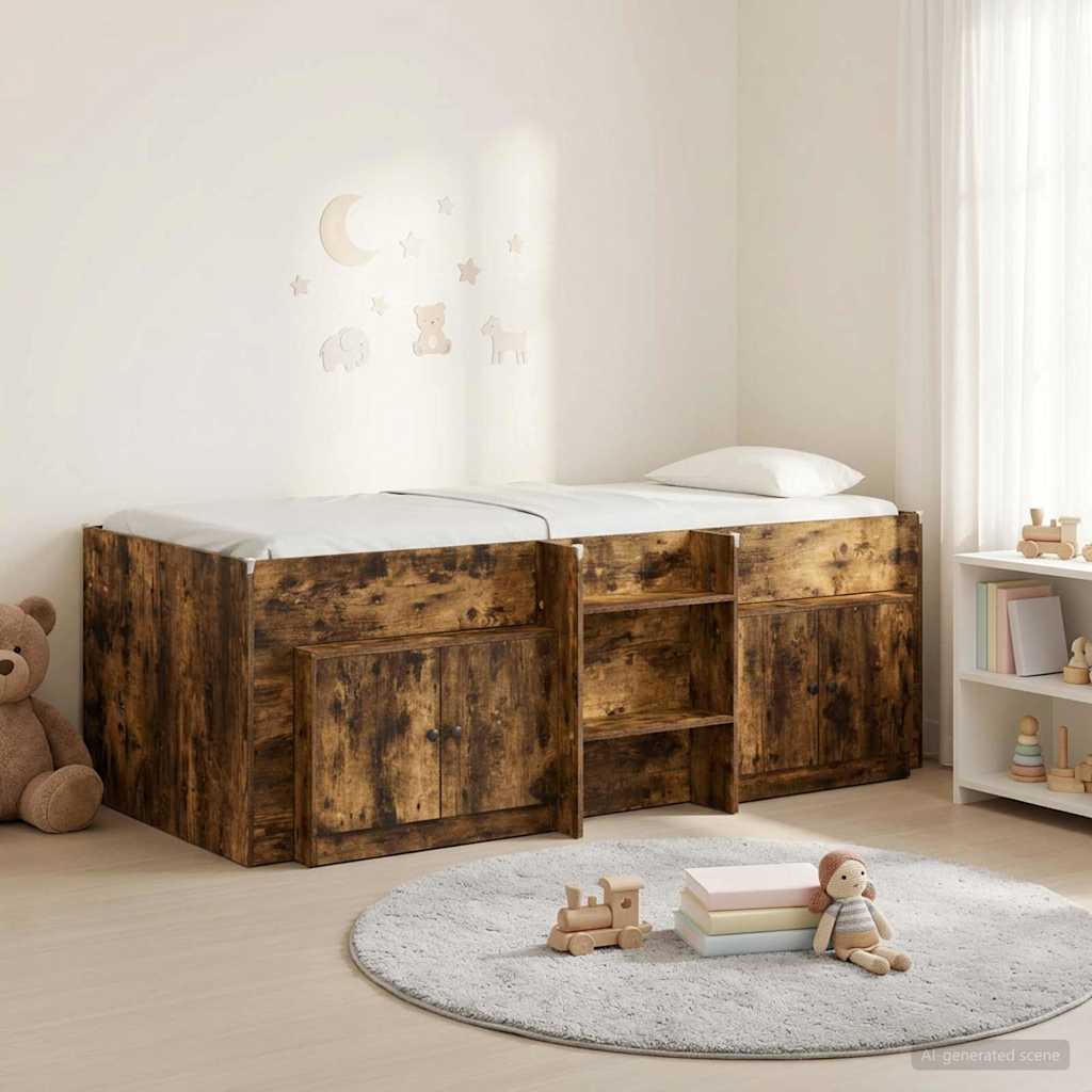 Cadre de lit en loft avec armoire avec porte 3 pcs Chêne fumé