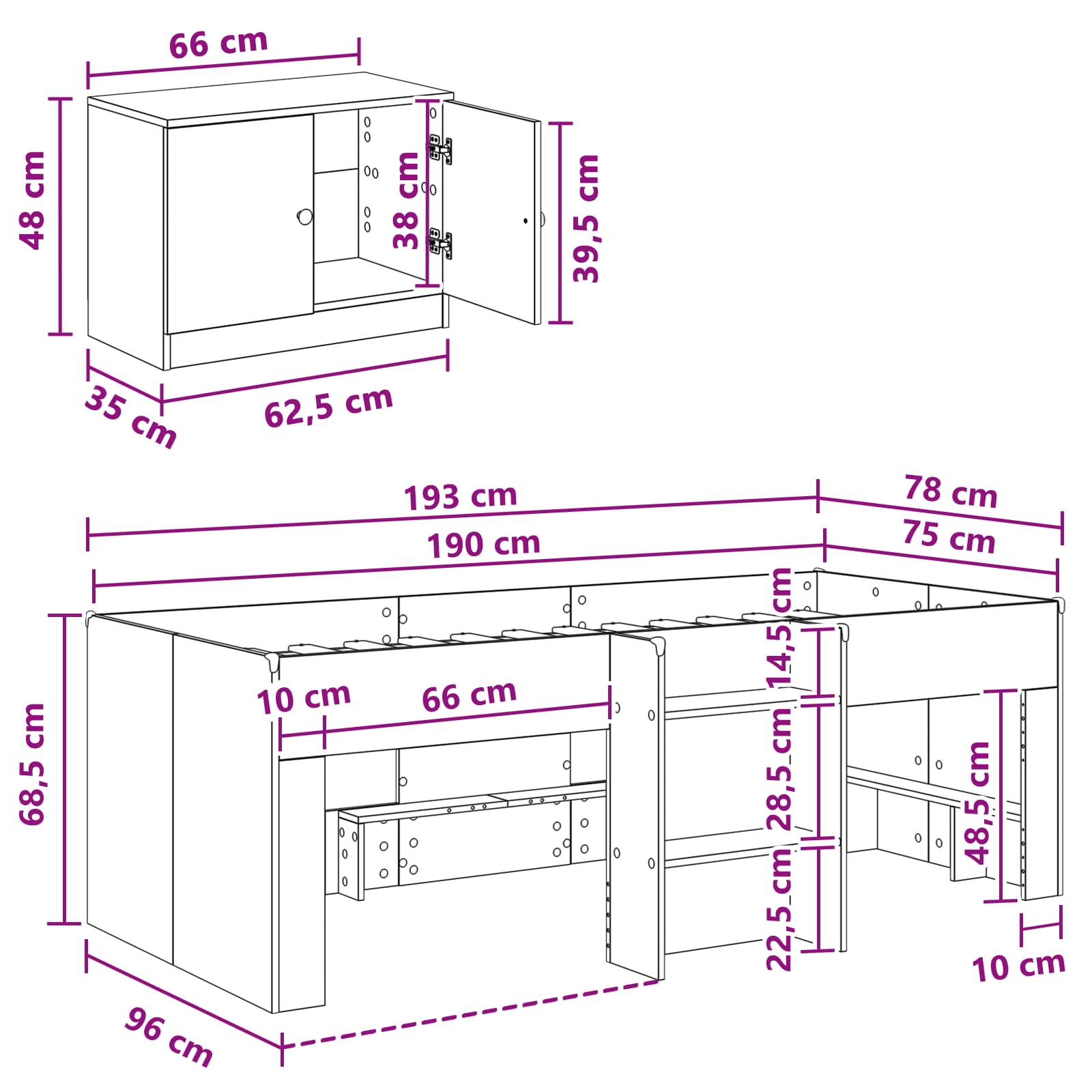 Cadre de lit en loft avec armoire 3 pc Blanc Bois d'ingénierie - XIOS
