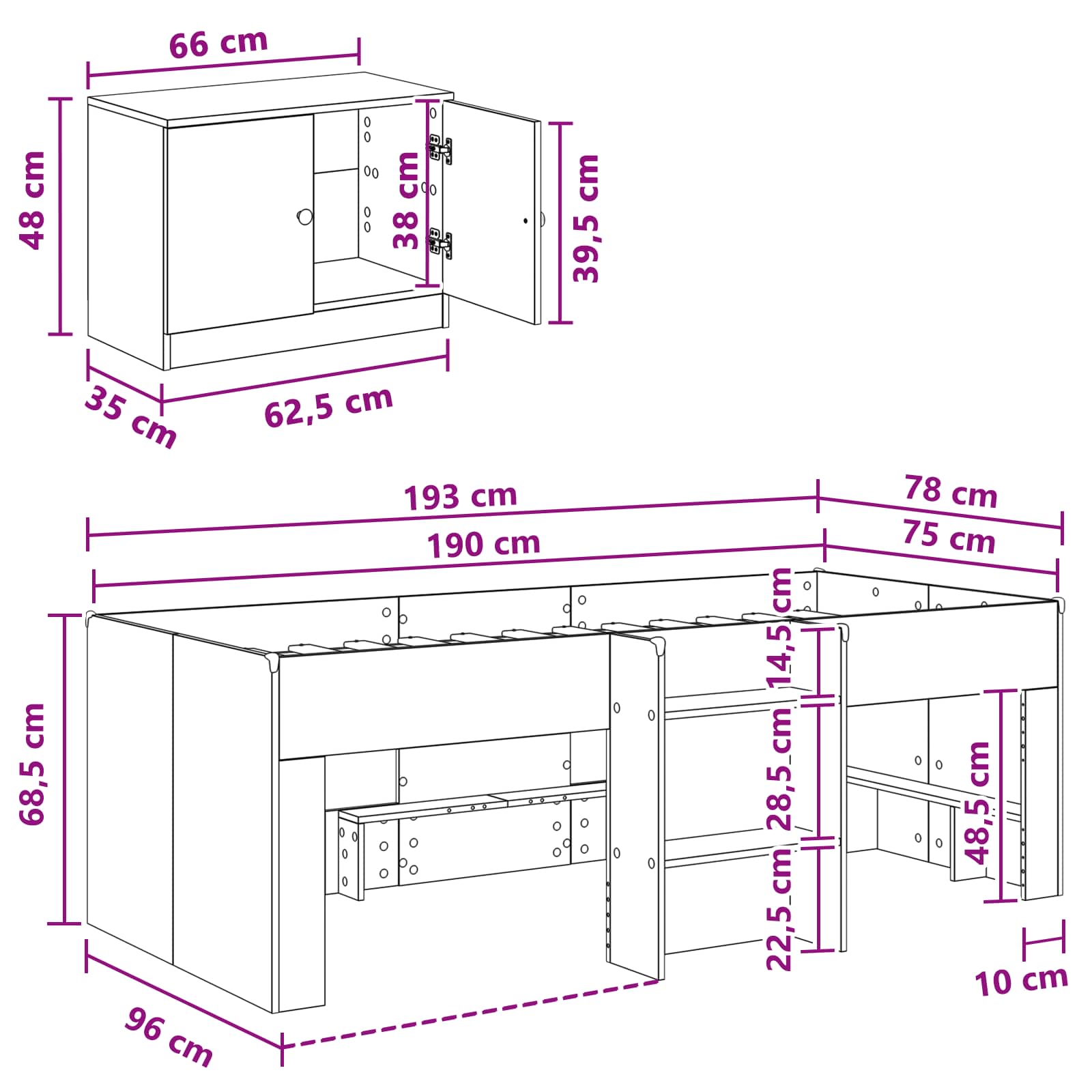 Cadre de lit en loft avec armoire avec stockage 3 pc Gris béton - XIOS