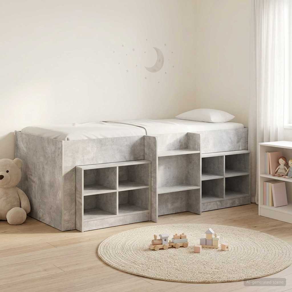 Cadre de lit en loft avec armoire avec étagère 3 pc Gris béton