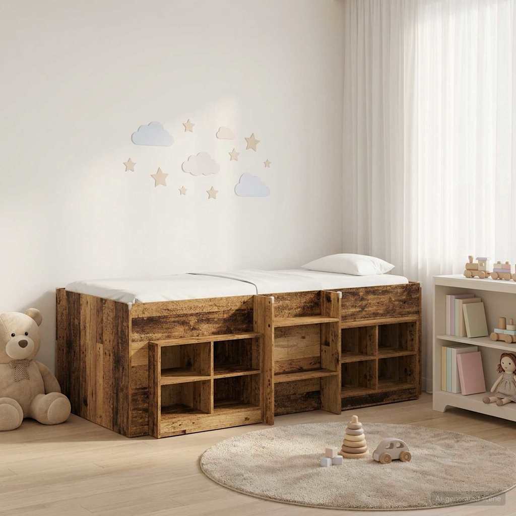 Cadre de lit en loft avec armoire avec étagère 3 pc Bois ancien - XIOS