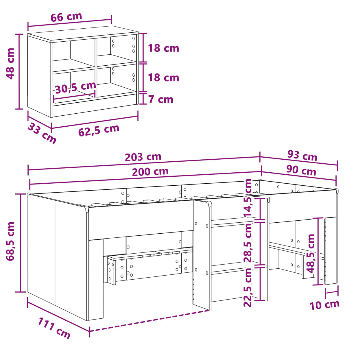 Cadre de lit en loft avec armoire avec étagère 3 pc Gris béton