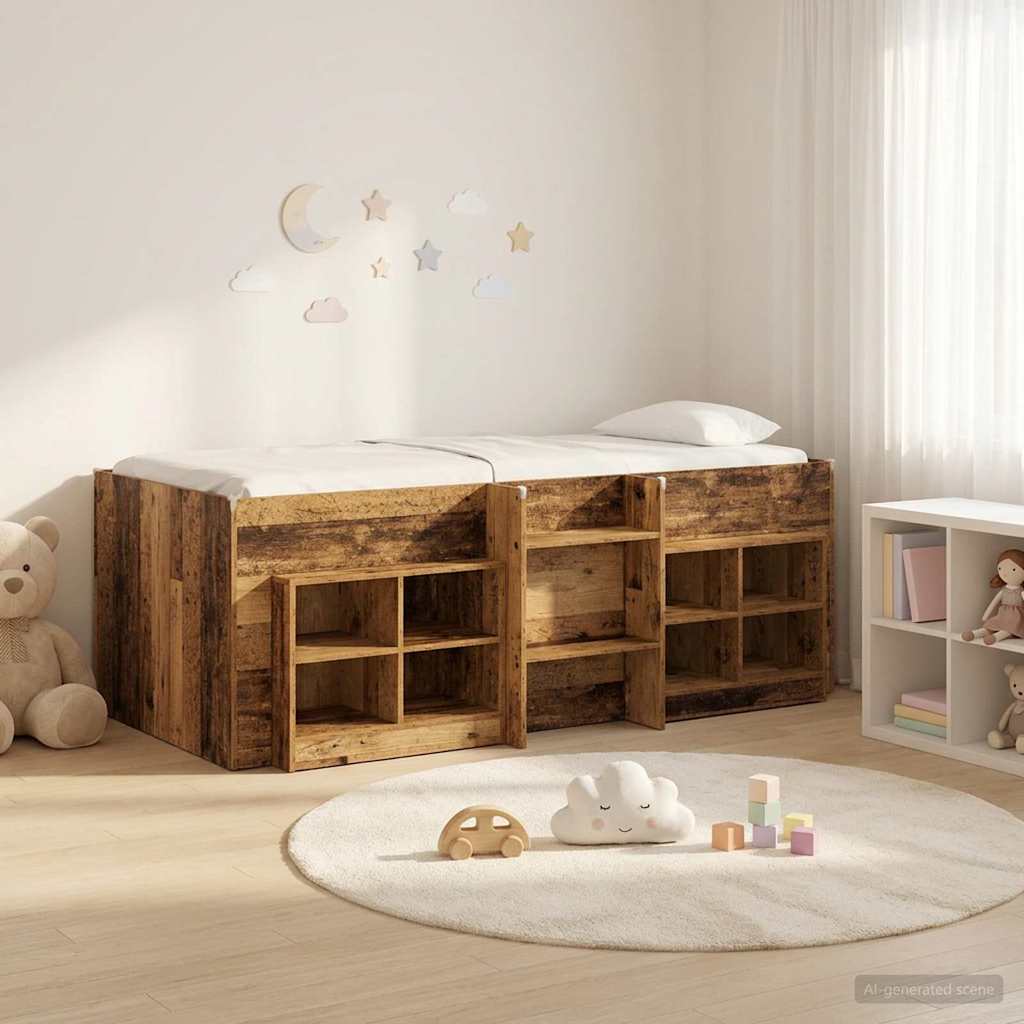 Cadre de lit en loft avec armoire avec étagère 3 pc Bois ancien - XIOS