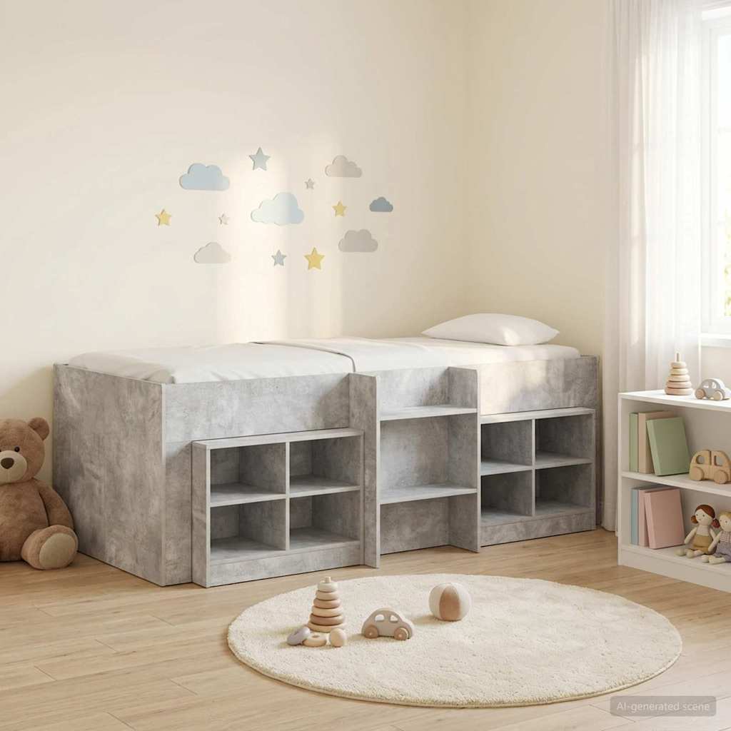 Cadre de lit en loft avec armoire avec étagère 3 pc Gris béton - XIOS