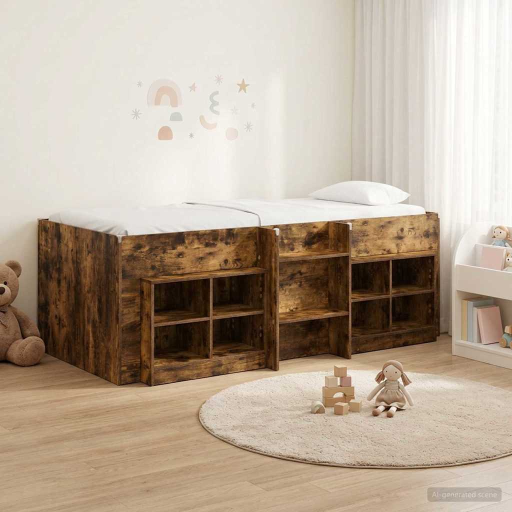 Cadre de lit en loft avec armoire avec étagère 3 pc Chêne fumé