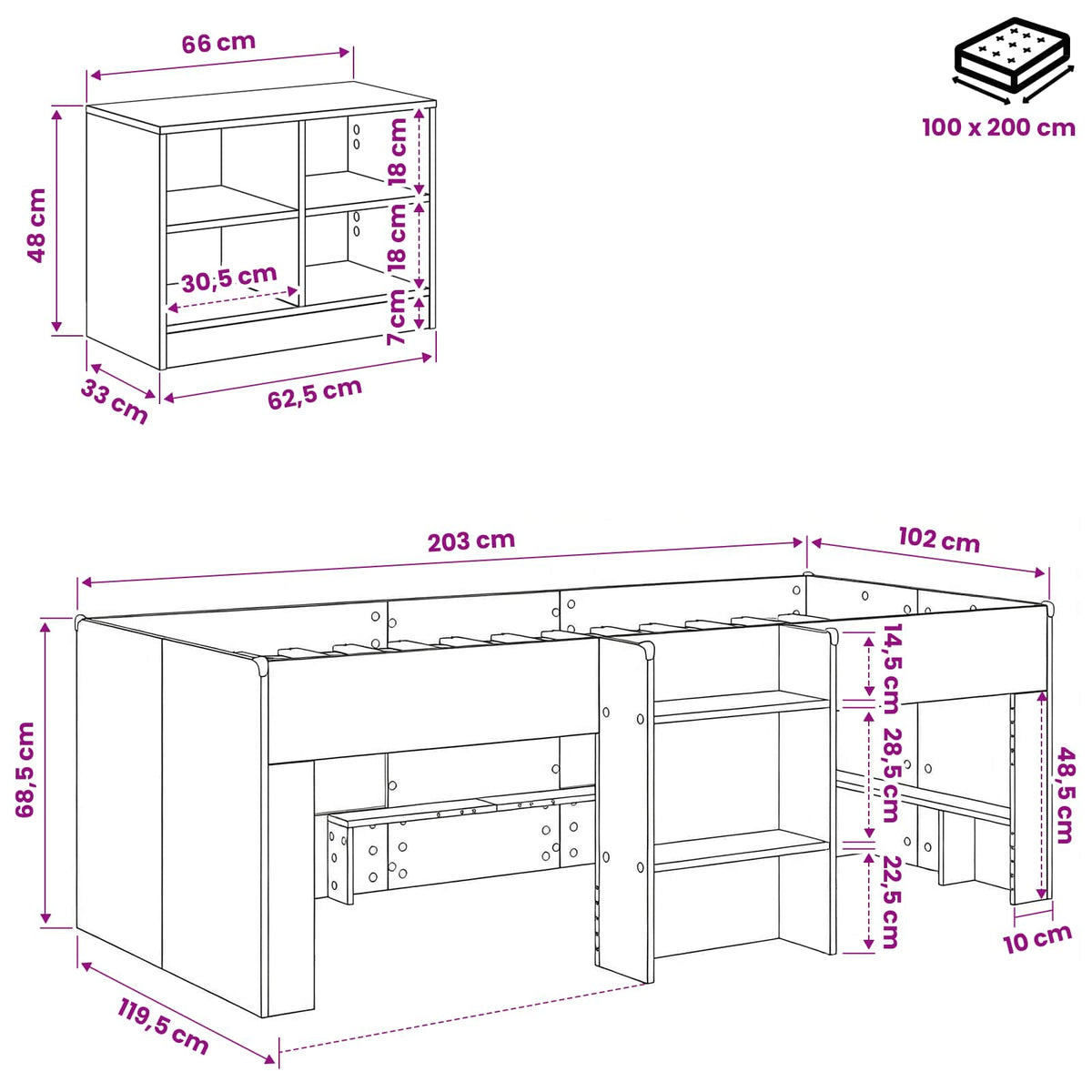 Cadre de lit en loft avec armoire avec étagère 3 pc Sonoma gris