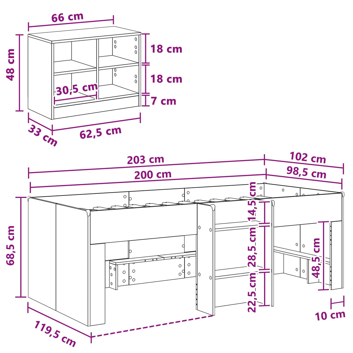 Cadre de lit en loft avec armoire avec étagère 3 pc Bois ancien