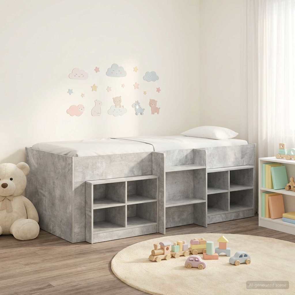 Cadre de lit en loft avec armoire avec étagère 3 pc Gris béton