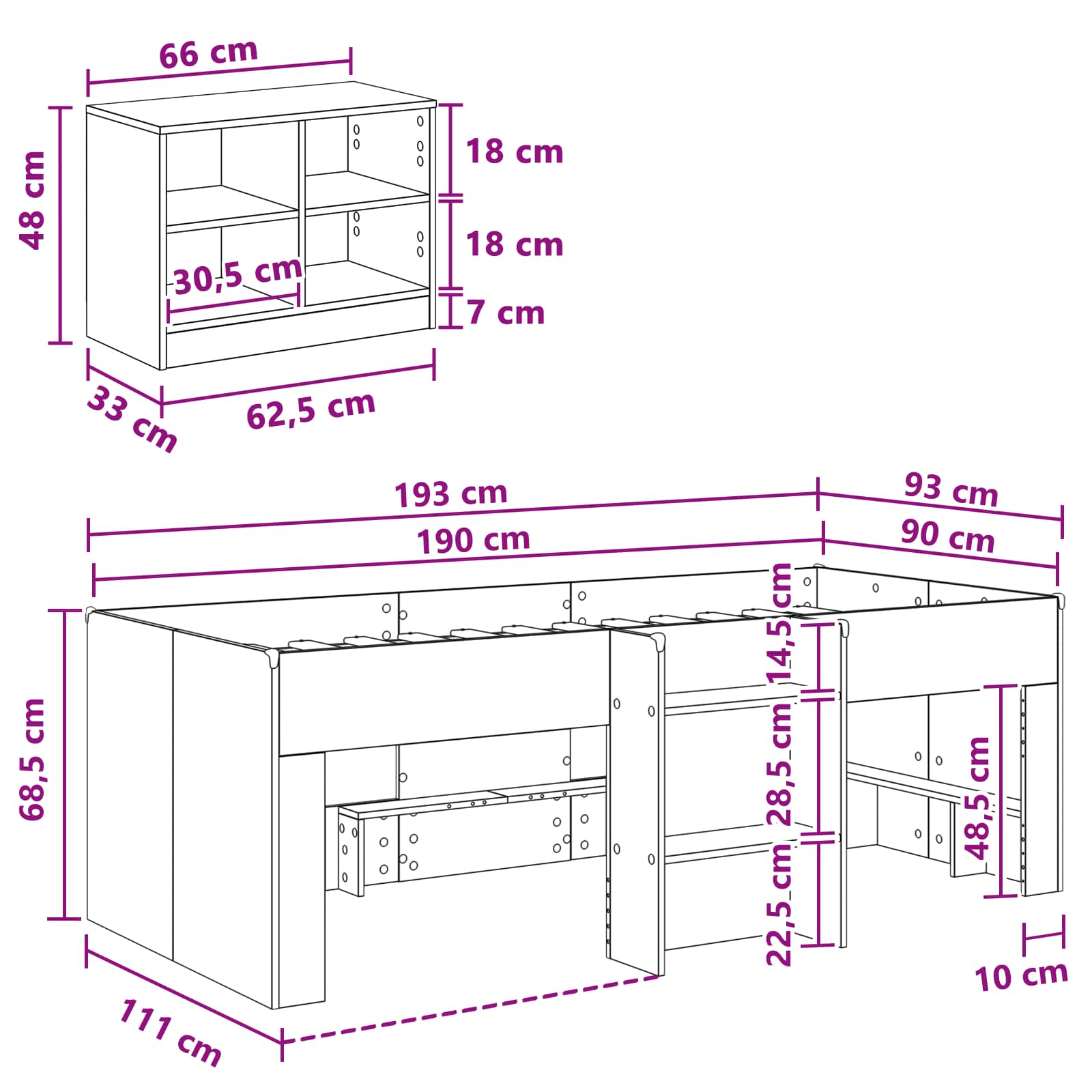 Cadre de lit en loft avec armoire avec étagère 3 pc Bois ancien - XIOS