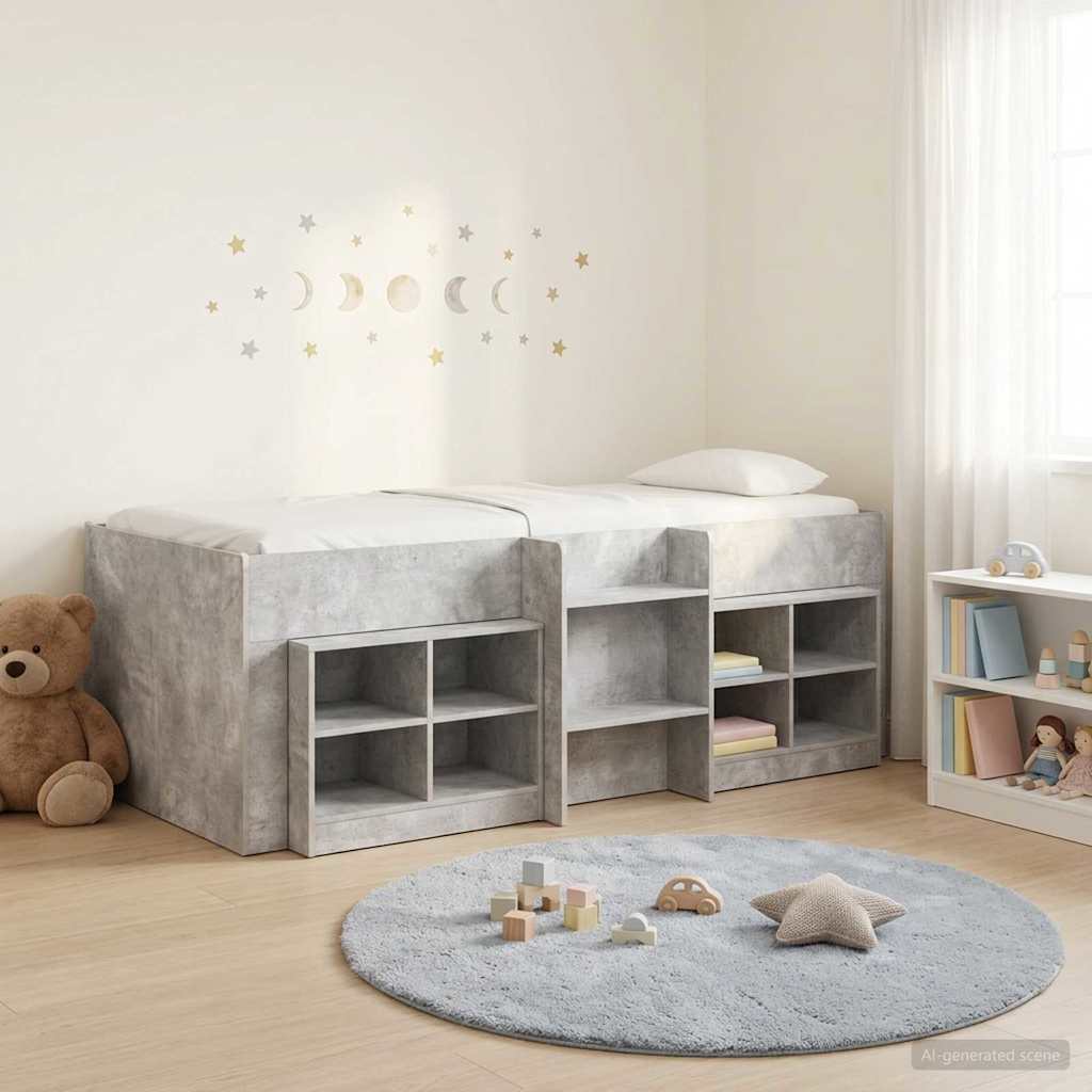 Cadre de lit en loft avec armoire avec étagère 3 pc Gris béton - XIOS