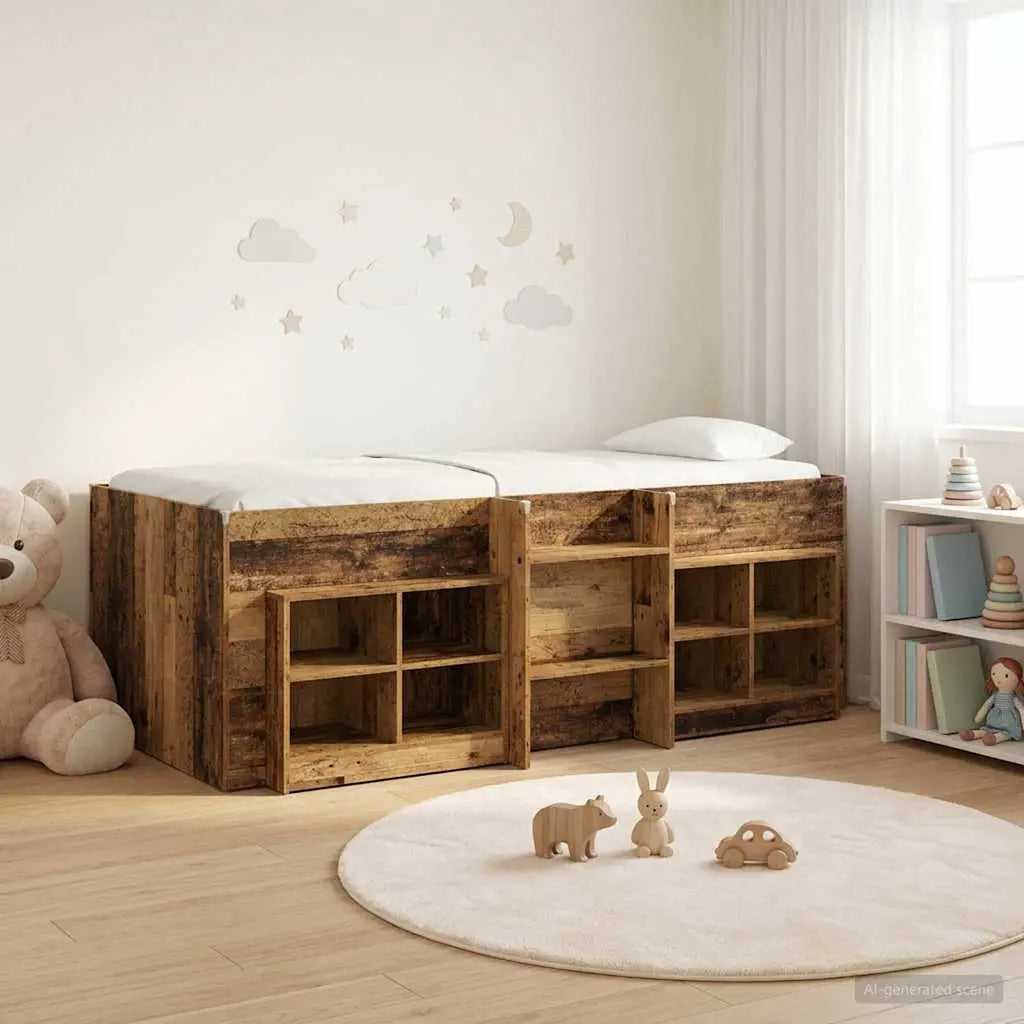 Cadre de lit en loft avec armoire avec étagère 3 pc Bois ancien - XIOS