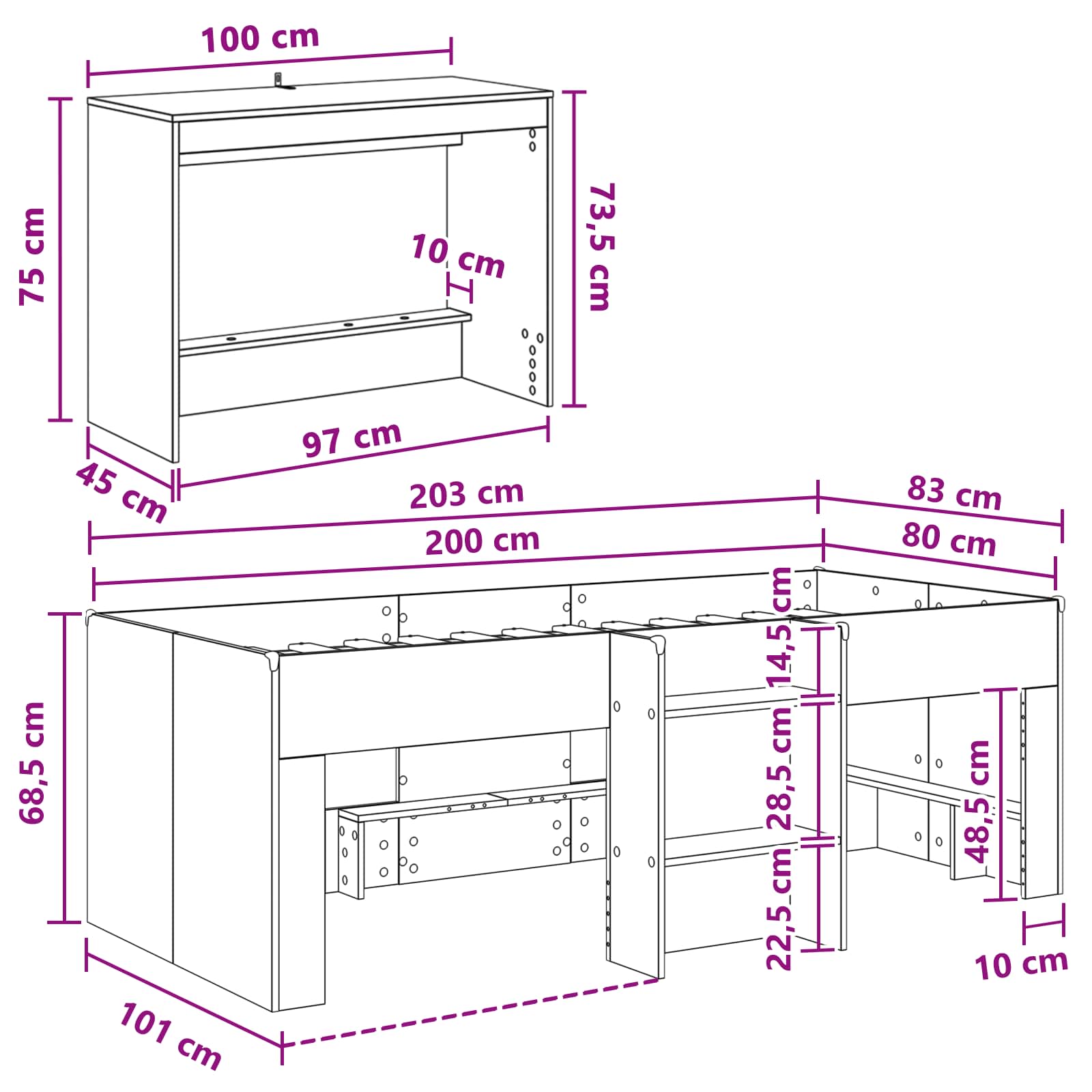 Lit haut pour enfants avec bureau 2 pc Gris béton - XIOS