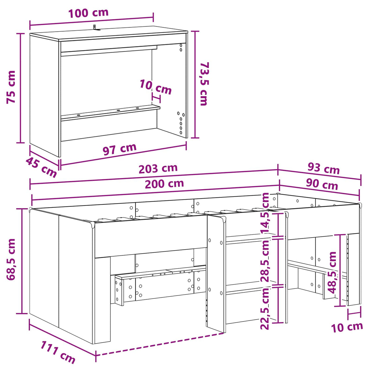 Cadre de Lit avec Bureau 2 pc Blanc Bois d'ingénierie - XIOS