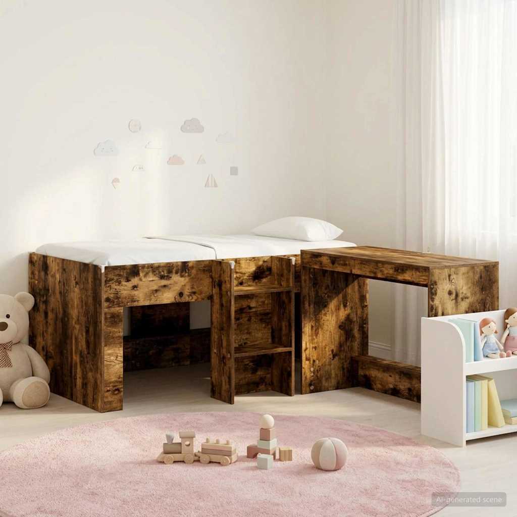Lit haut pour enfants avec bureau 2 pc Chêne fumé