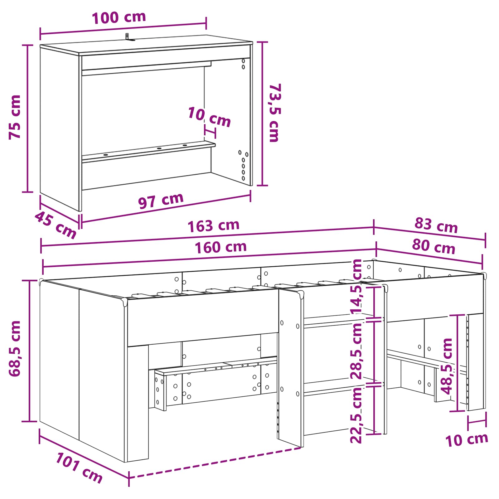 Lit haut pour enfants avec bureau 2 pc Bois ancien - XIOS