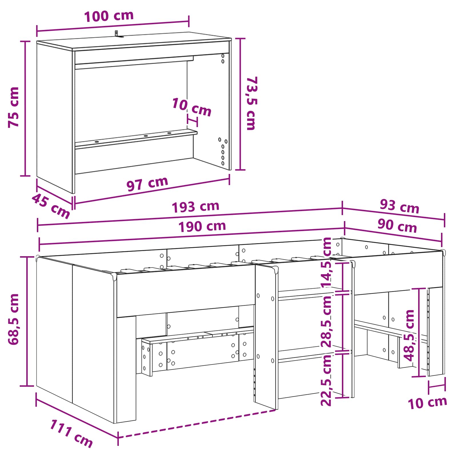 Lit haut pour enfants avec bureau 2 pc Sonoma gris - XIOS