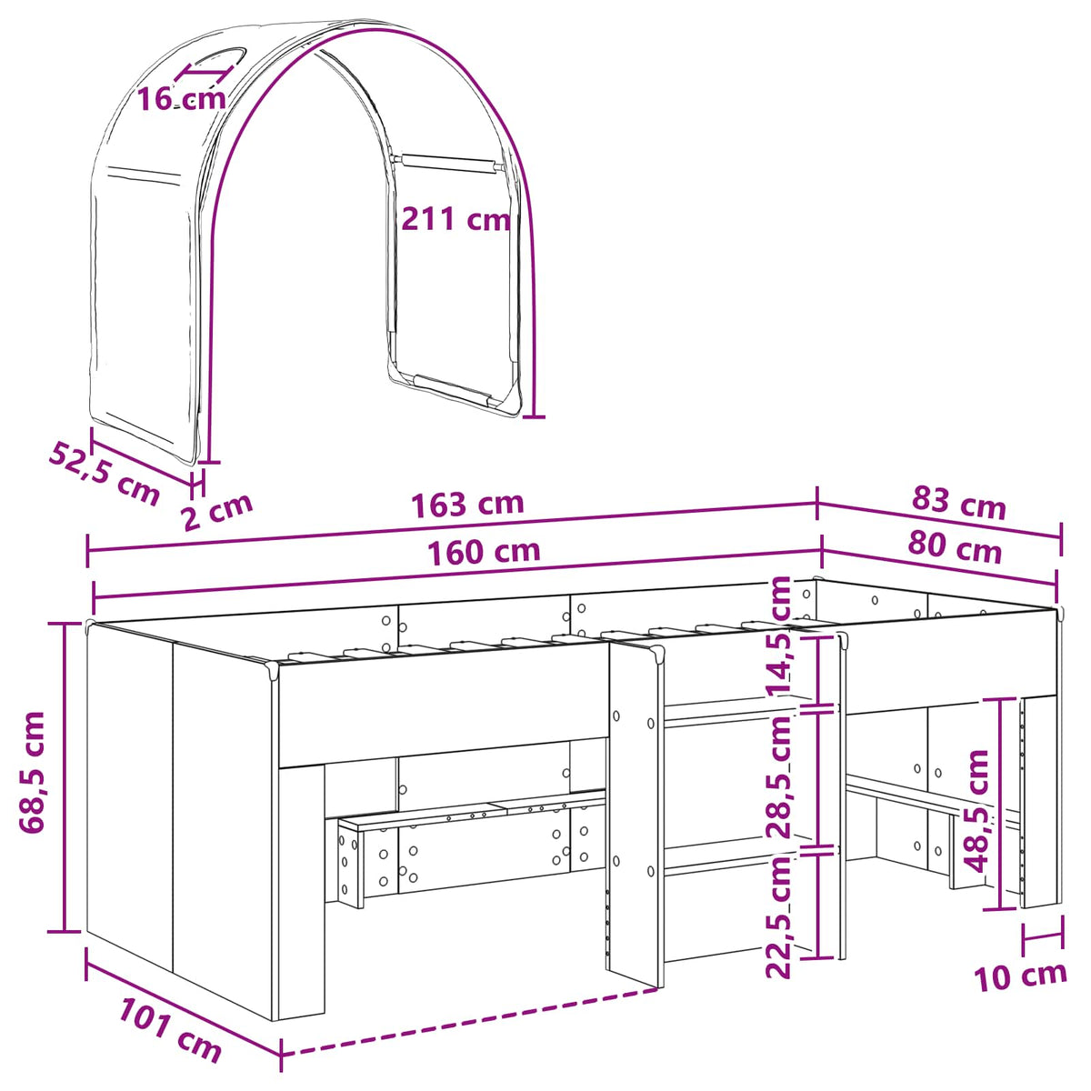 Lit avec Tunnel 3 pc Blanc et rose Bois d'ingénierie - XIOS