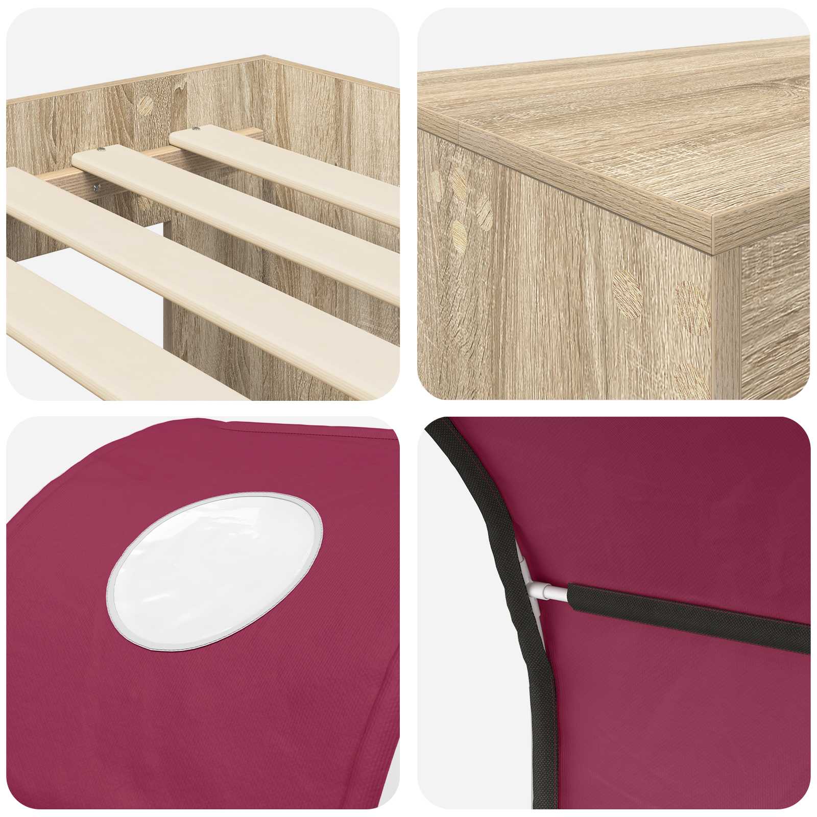 Lit avec Tunnel 3 pc Chêne Artisanal et Rouge Bois d'ingénierie