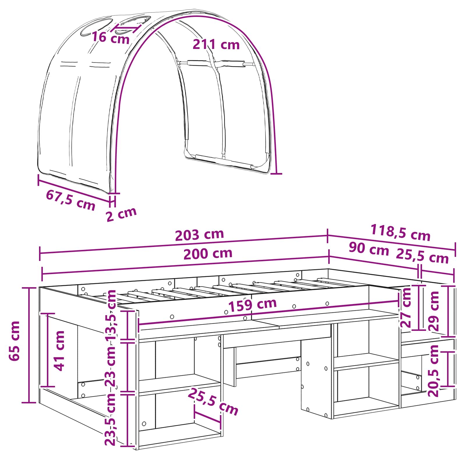 Lit haut pour enfants avec rangement 3 pc Chêne Sonoma et rose - XIOS