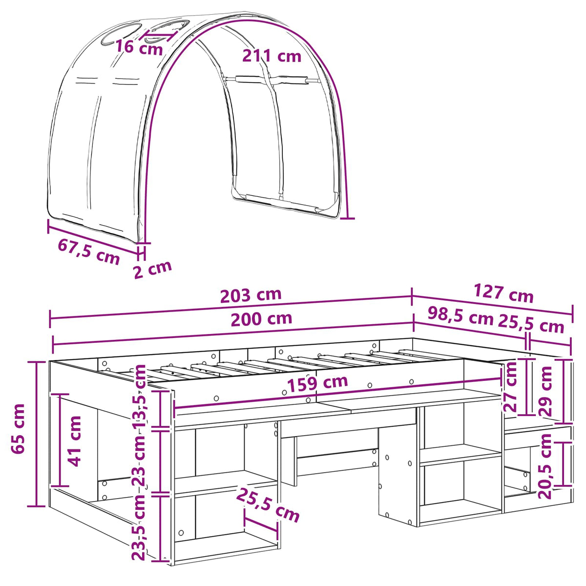 Cadre de lit avec tunnel avec étagère 3 pièces Blanc et noir