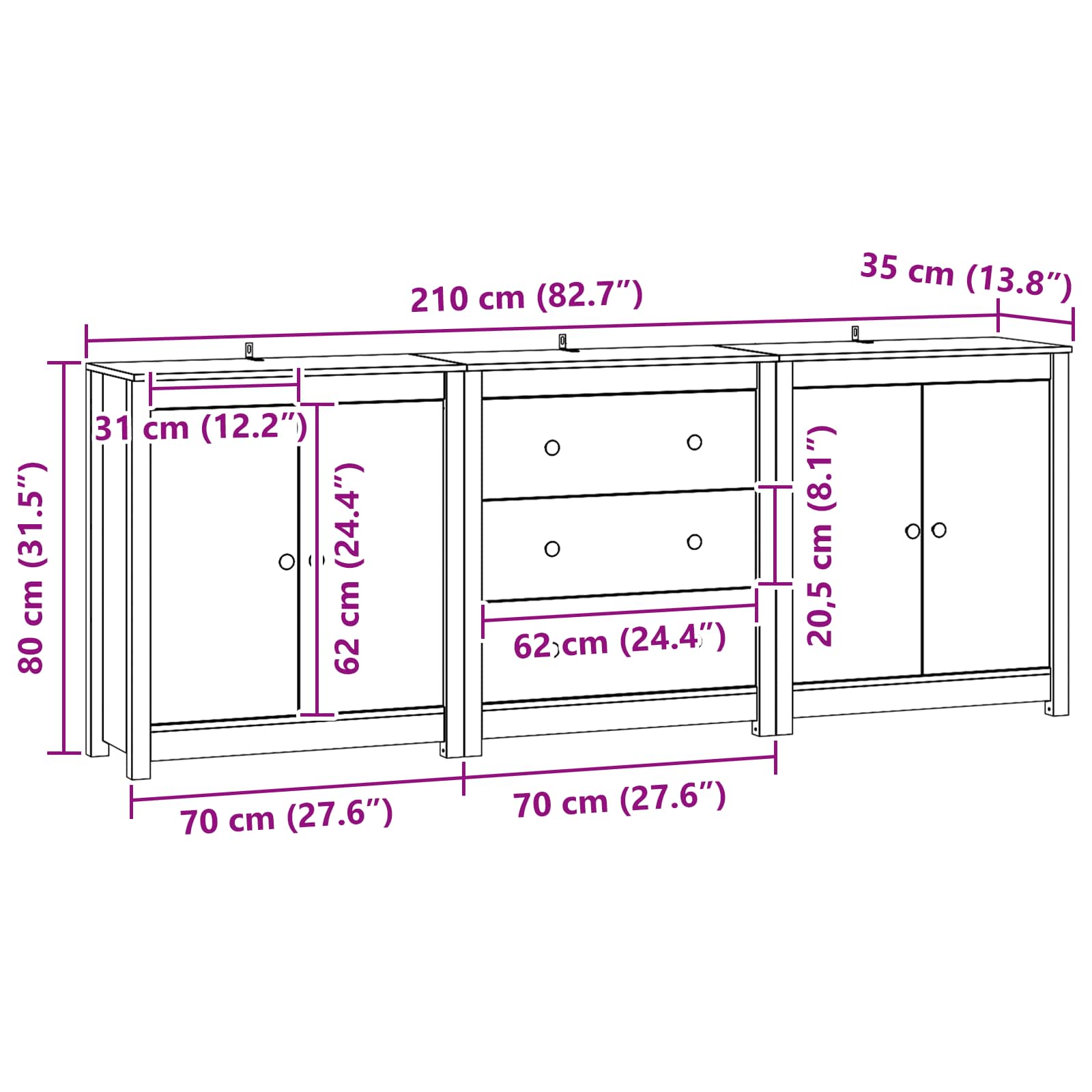Buffet avec tiroir 3 pcs Brun Ciré Pin massif - XIOS