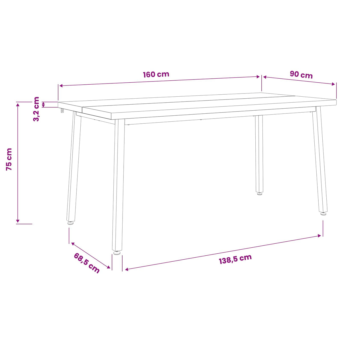 Table à manger carrée 160 x 90 x 75 cm Bois d'Acacia Massif