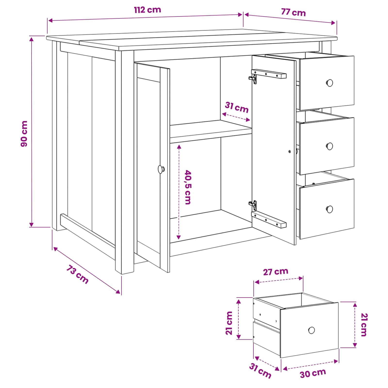 Chariot de cuisine PANAMA 2 pcs Cire de Miel 112 x 77 x 90 cm - XIOS