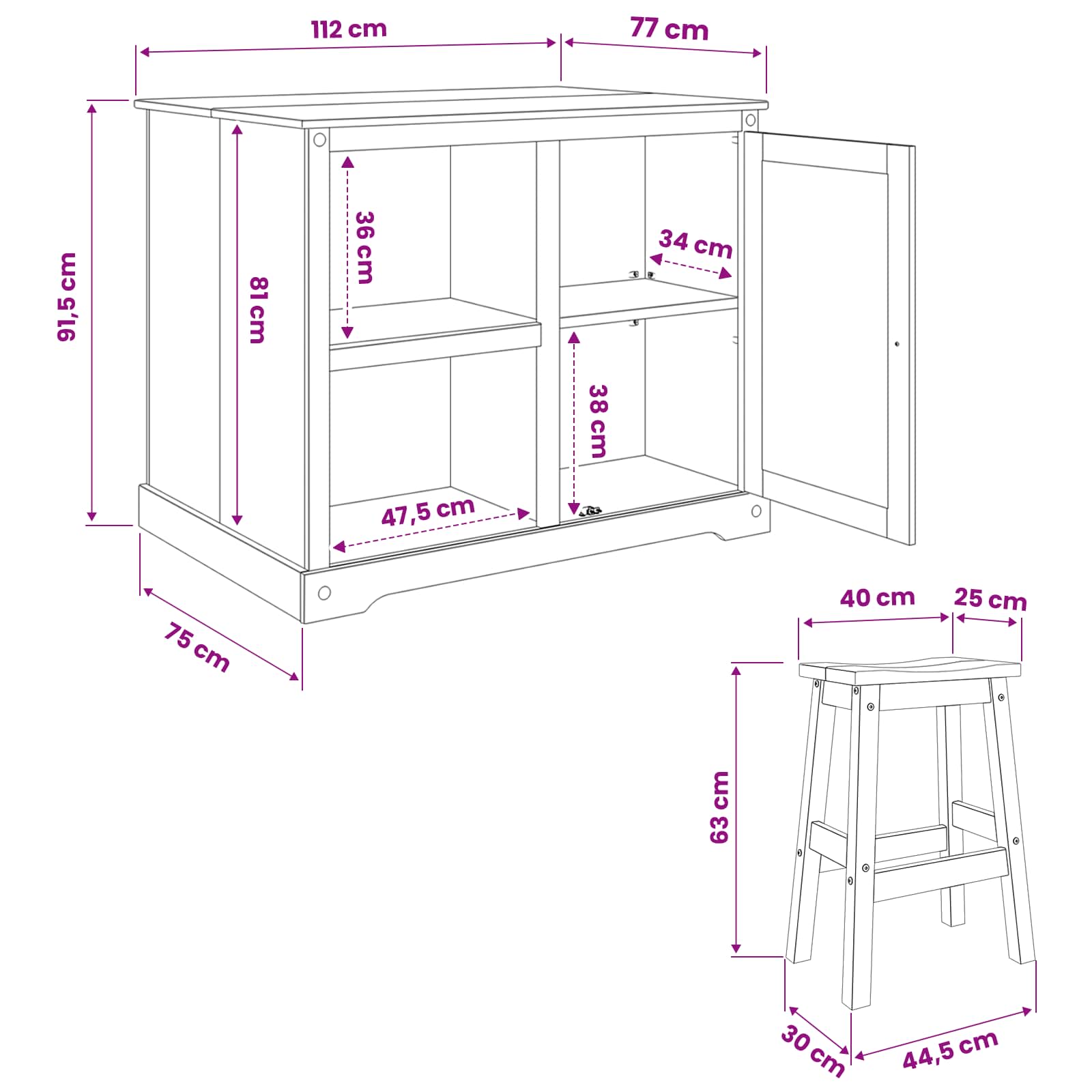 Ensemble Cuisine Îlot avec porte 3 pcs Cire de Miel Pin massif - XIOS